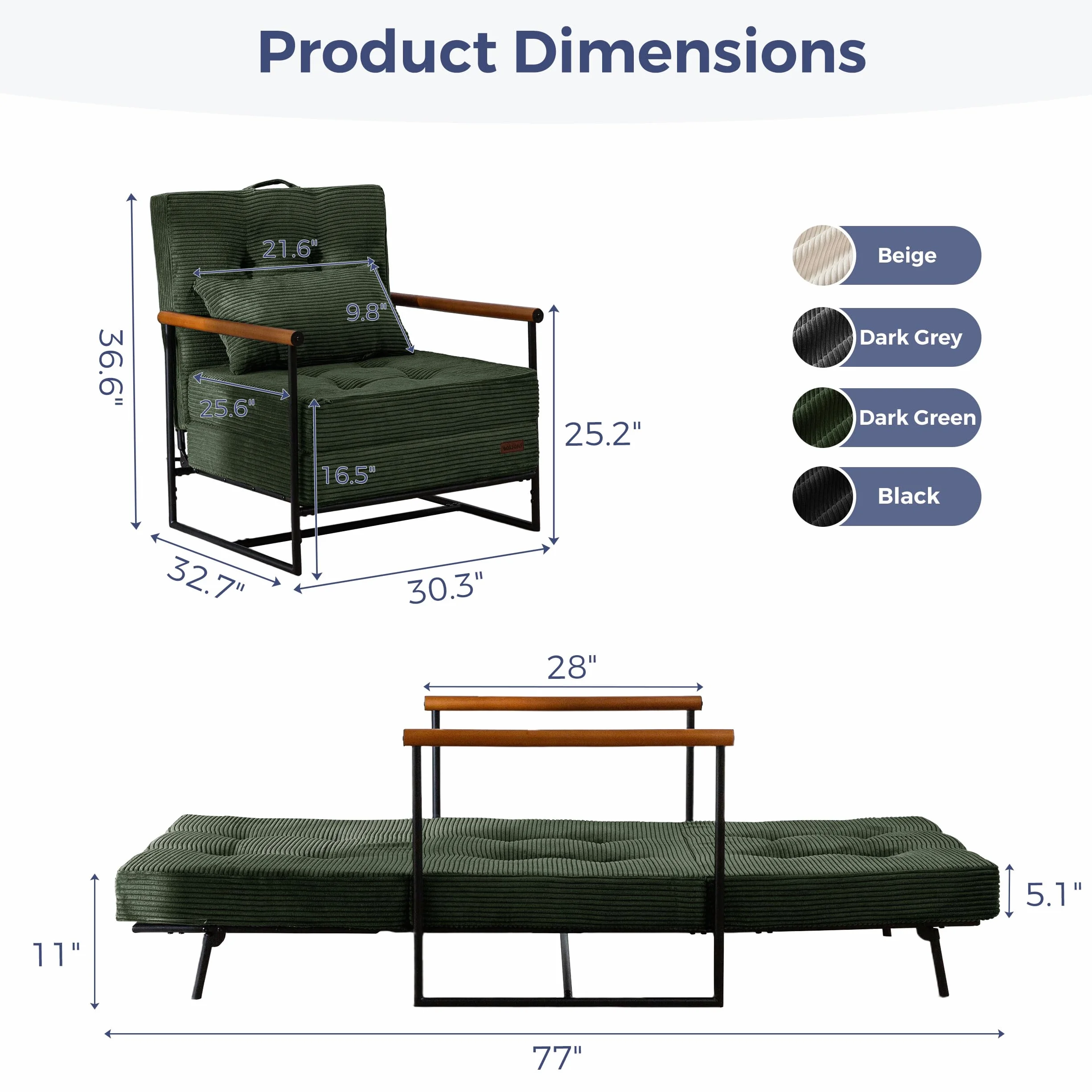 MAXYOYO Chair Bed, Adjustable Sleeper Chair, Single Sofa Bed with Frame | 2-in-1 Folding Lounge Chair, Adjustable Backrest and Tufted Corded Upholstery for Living Rooms or Bedrooms, Dark Green