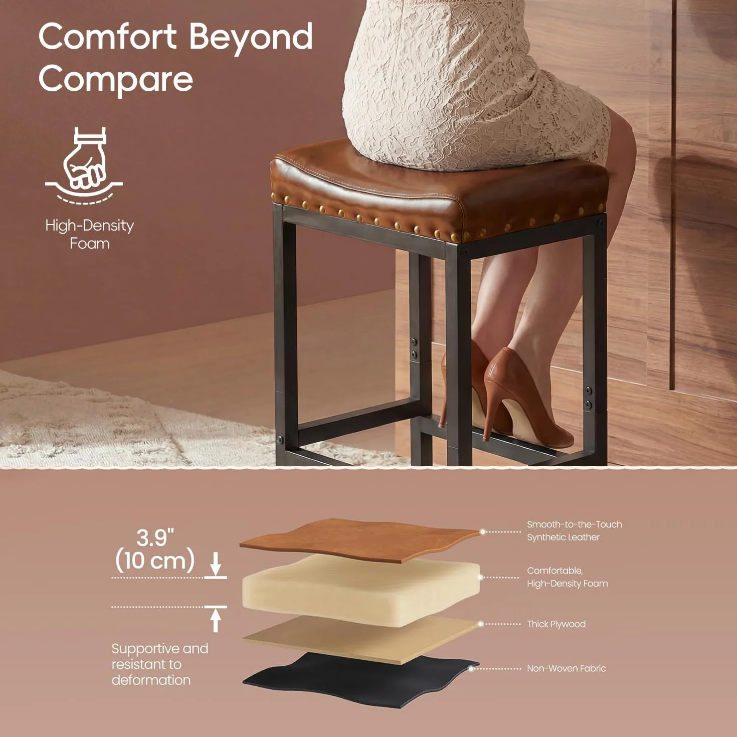 Forteek 25.5'' Bar Stools Set of 2, Counter Height Barstools with Nailhead | Bar Height Stools, Faux Leather Barstool with Footrest, Saddle Stool for Kitchen Island, Dining Room, Easy Assembly, Brown