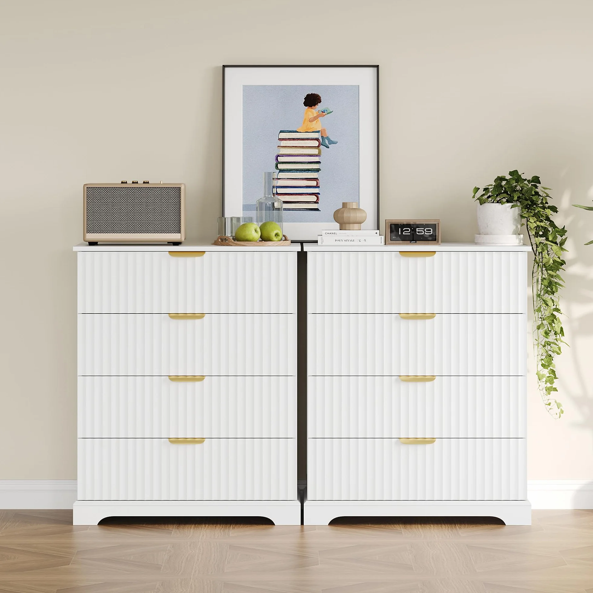 Wooden 4 Drawer Dresser for Bedroom, 36.6 in Tall Fluted Dresser with Metal Handles, Modern Chest of Drawers for Bedroom, Living Room, Entryway, White