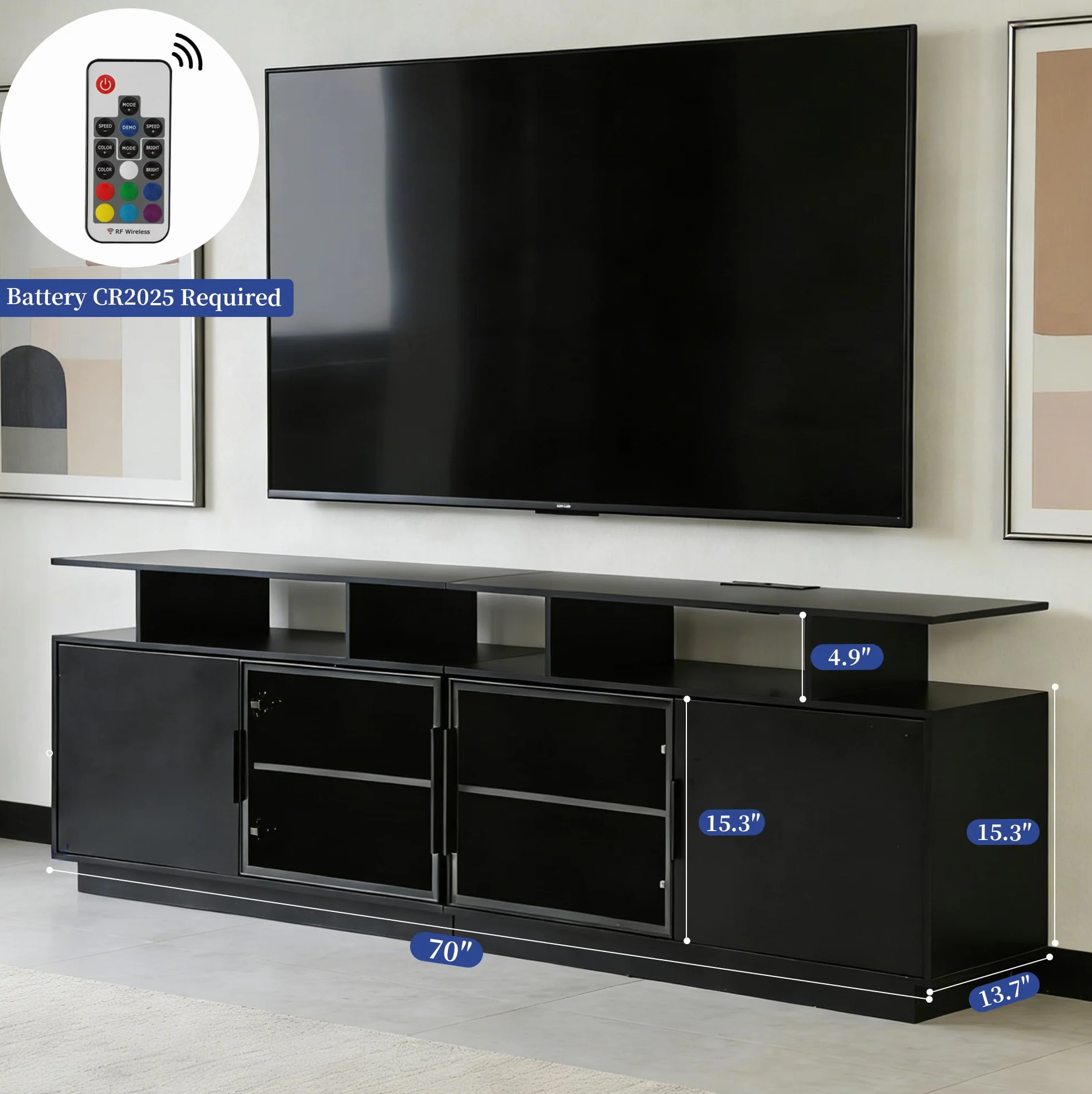 70-Inch Black TV Cabinet,Equipped with A USB Charging Strip,6 Large Storage Spaces,2 Glass Doors with Built-in Ambient Lighting,Serving as A Media and Entertainment Cabinet