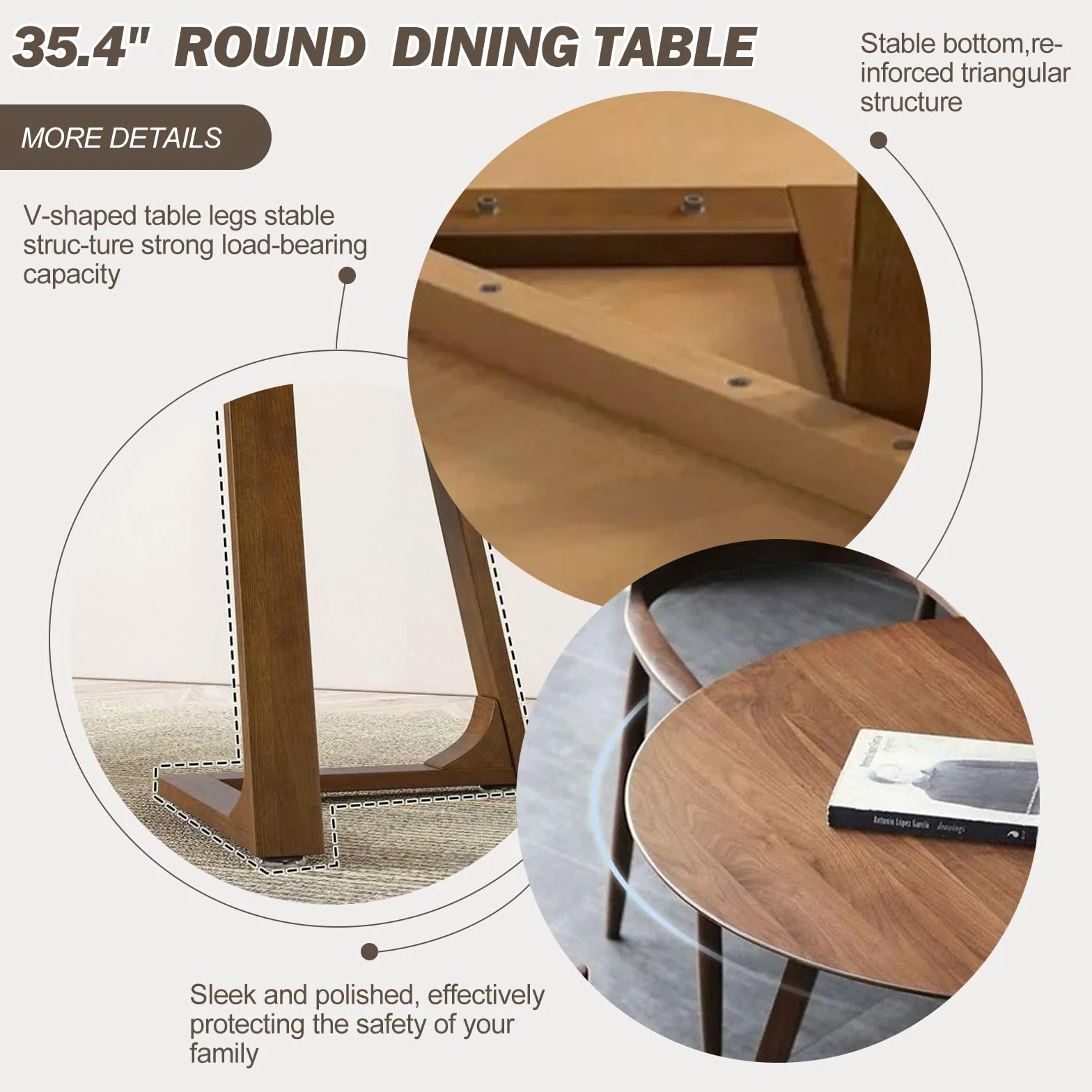 Walnut Round Dining Table for 4, 35.4" Small Wood Round Kitchen Table with Solid Wood Legs, Mid Century Modern Dining Room Tables for Home, Restaurant,Circle Coffee Table for Small Space