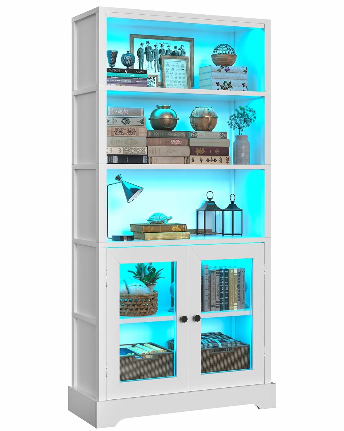TVU 5-Tier Bookshelf, 65" Bookshelf with Multi-Color Ambient Lights (APP Remote Control), Tall Vertical Display Shelf with Cabinet Doors, Suitable for Living Room, Bedroom, Study, Office, White