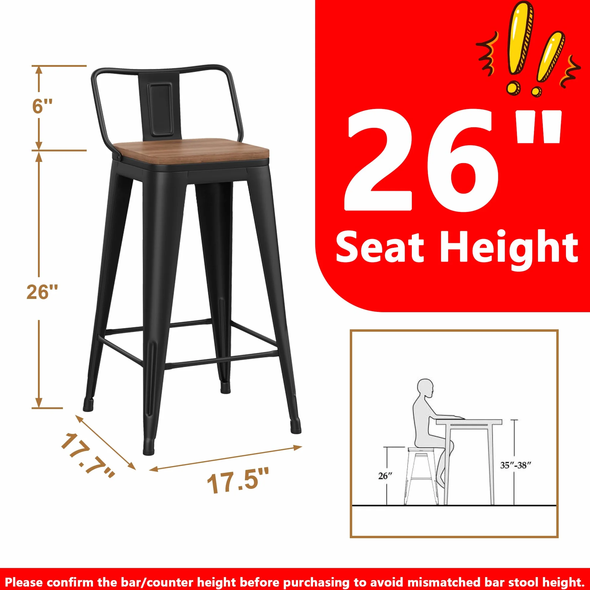 WENTMENT Metal Bar Stools Set of 4 Counter Height Barstools with Removable Back 26" Kitchen Bar Stools with Wooden Seat, Black