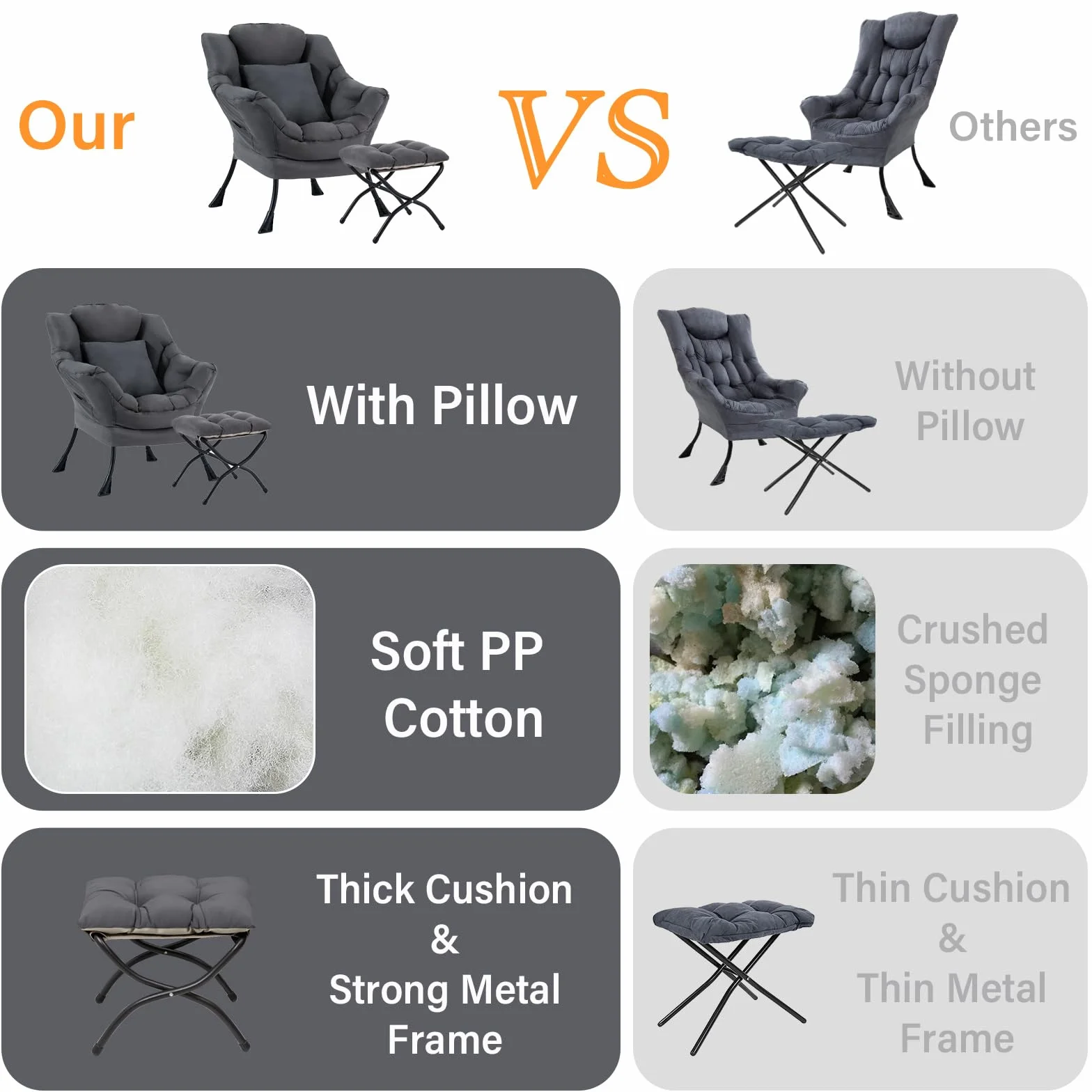 Lazy Chair with Ottoman, Comfy Reading Lounge Chair with Footstool & Throw Pillow Modern with Armrests & Side Pocket for Living Room, Bedroom, Dorm Room, Dark Grey