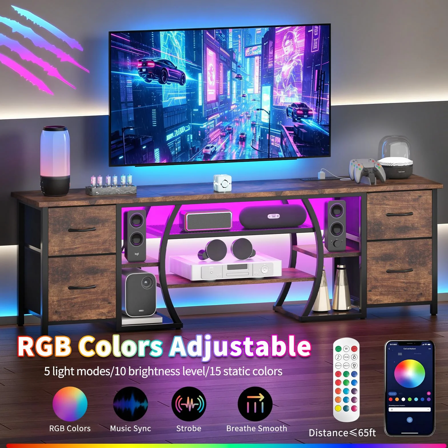 LED TV Stand for 65, 70, 80 Inch TV,71 Inch Industrial Entertainment Center with Power Outlets,Media Console Table with Open Storage Shelves & Fabric Drawers for Living Room Bedroom,Rusti Brown