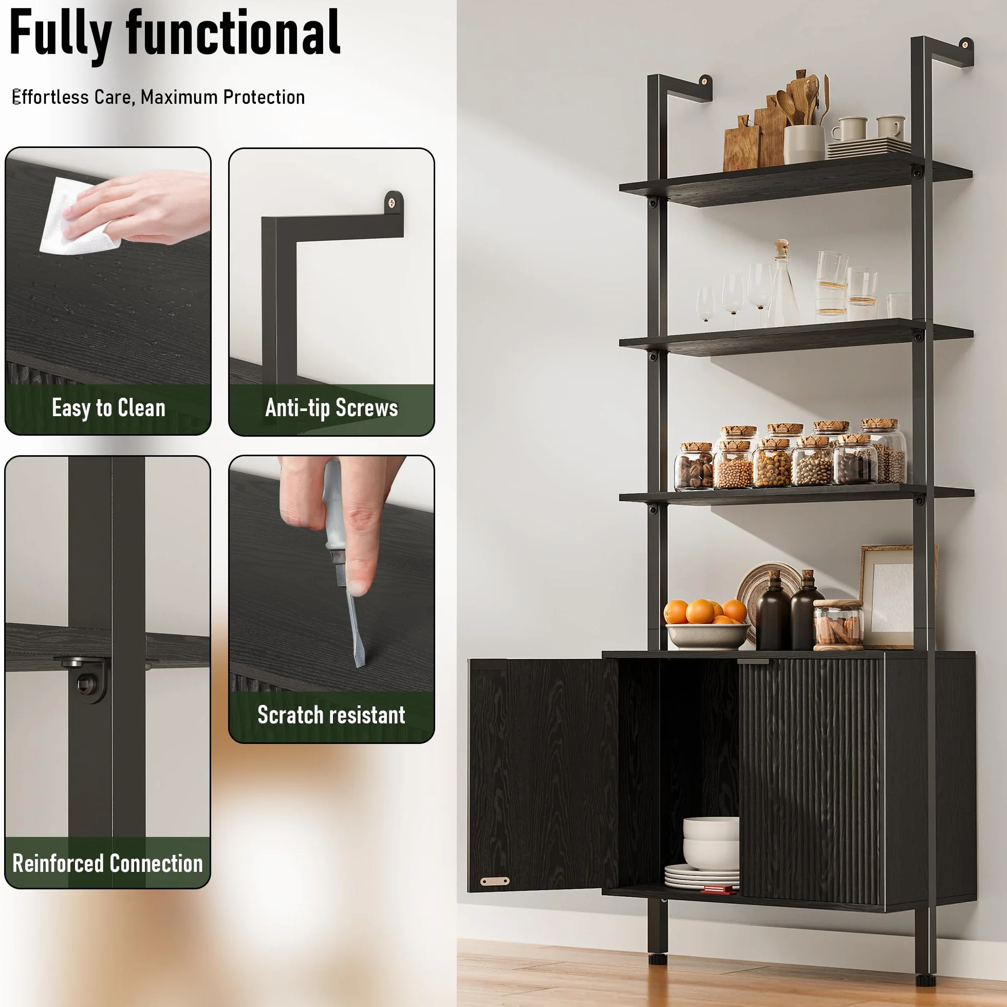 74" Tall Bookshelf with Storage Cabinet, Modern Ladder Shelf with Wood and Metal Frame, Wall Mount Bookcase Open Display Shelf Furniture for Living Room, Bedroom, Home Office，Black