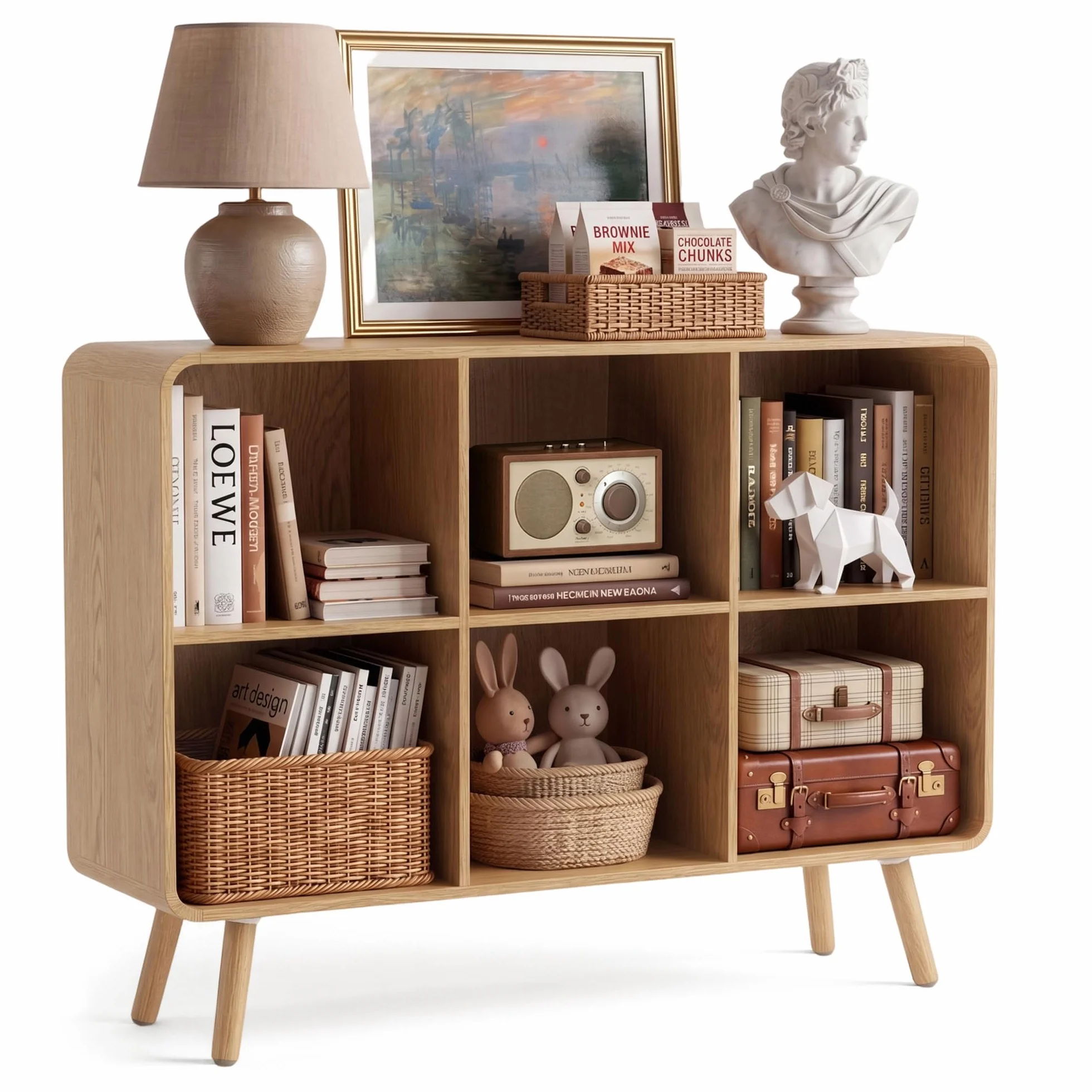 6 Cube Bookshelf - 35.4" Wood Cube Bookcase with Legs, Open Cubby Bookshelves with Curved Profile Design for Bedroom, Living Room,Home Office, Nature