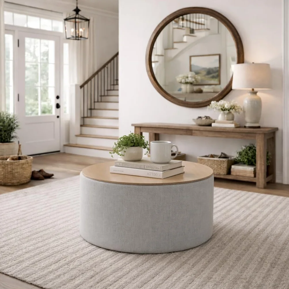 HomePop Storage Ottoman with Wood Grain Top - Light Gray Textured Woven