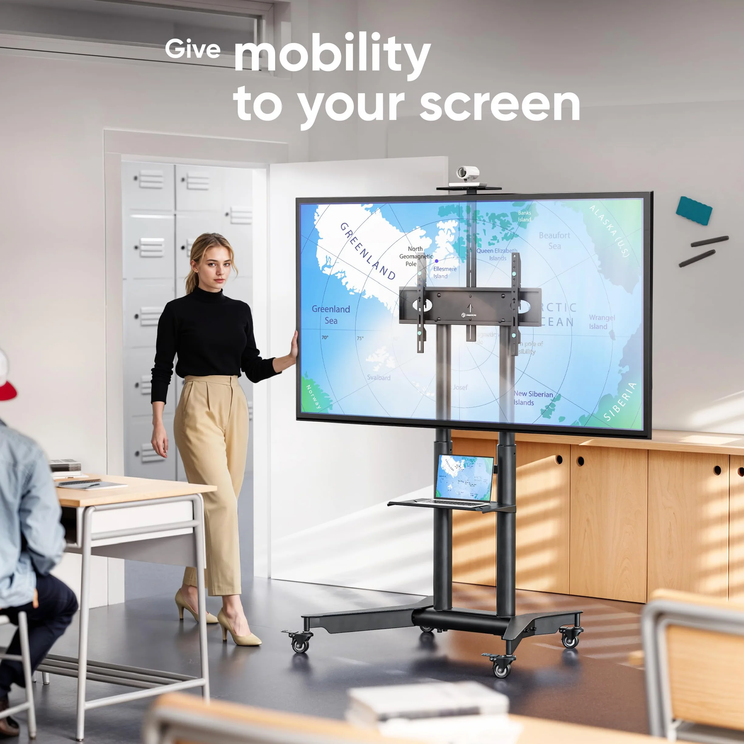 ONKRON Mobile TV Stand 32-75 Inch, up to 110 lbs, max VESA 600x400, Black | TV rolling cart height adjustable 39.3"-57.6", AV & webcam shelves, locking wheels; for home, office & meeting rooms