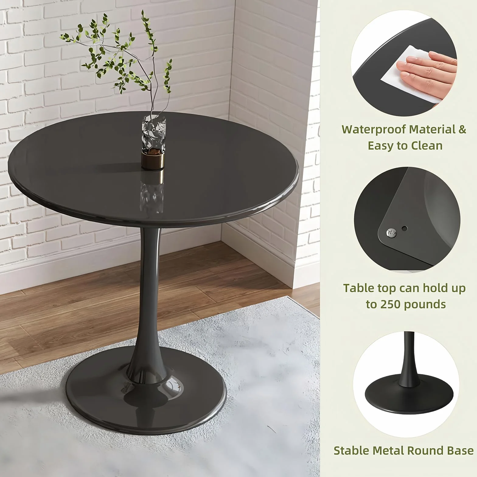 24 inch Small Round Dining Table for 2-4 People, Mid Century Modern Wood Tulip Table for Kitchen, Living Room, Restaurant, Office, Cafe, Black