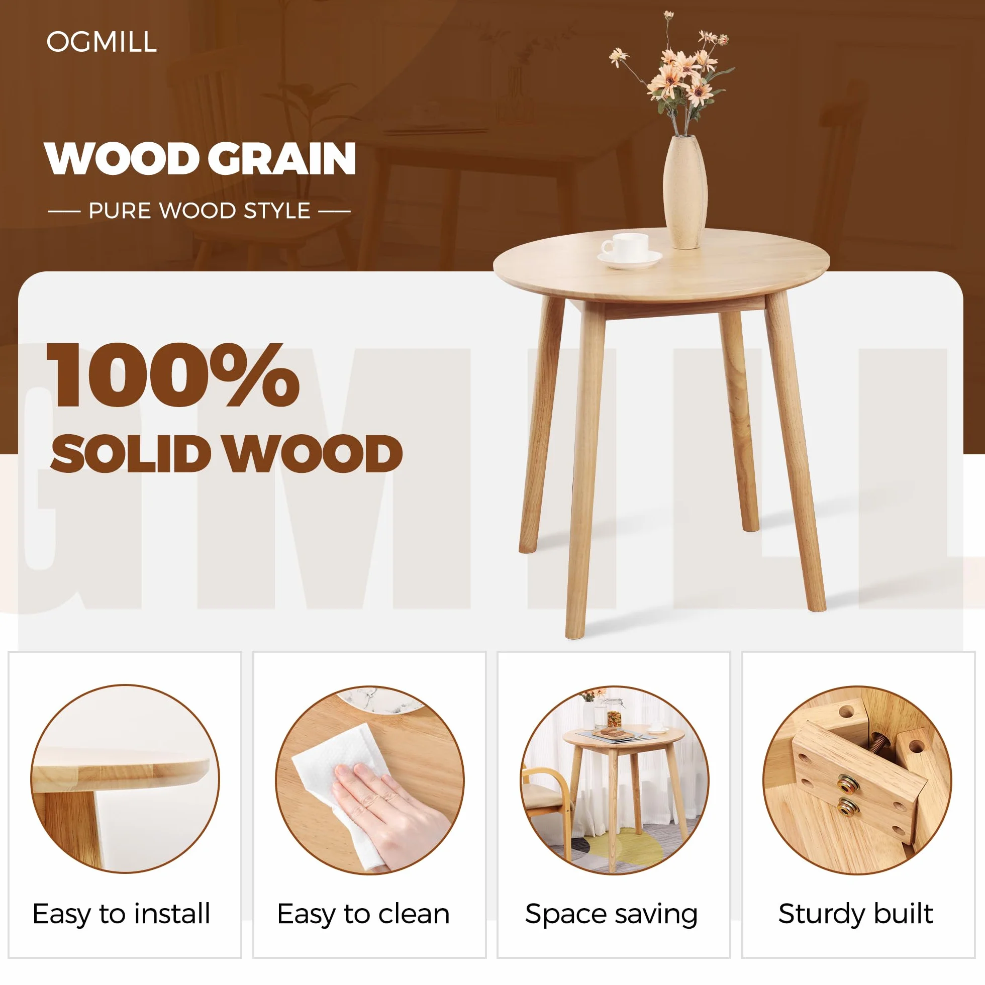 28.3" Small Round Dining Table for 2,Wooden Space-Saving Kitchen Dinner Table Rustic Wood Dining Table Mid Century Modern Kitchen Table