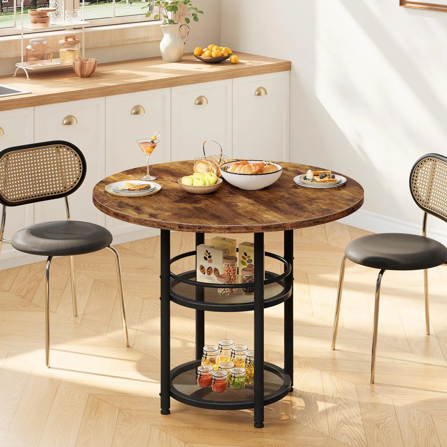 HOOBRO Dining Table, Round Dining Table for 2, 31.5" Kitchen Table for Small Spaces, Farmhouse Small Dining Room Table, 2-Tier Storage, Easy to Assemble, for Living Room, Rustic Brown BF19CZ01