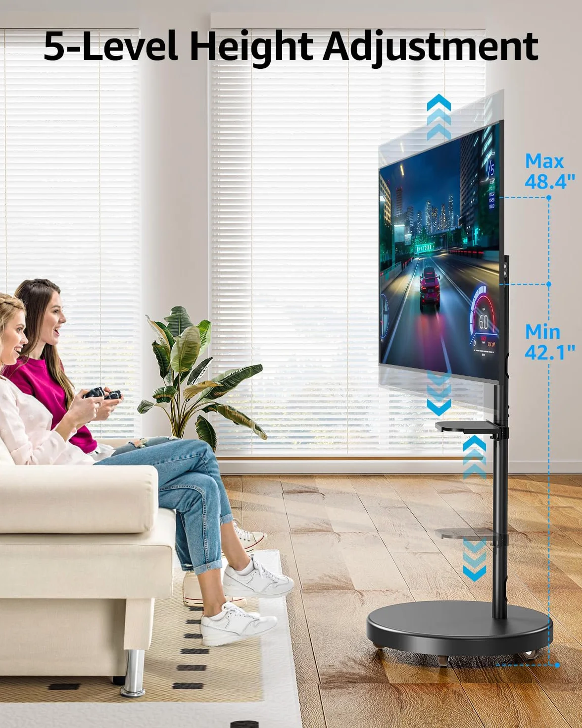 MOUNTUP Rolling Mobile TV Cart for 32-65 Inch TVs, Rotatable Floor TV Stand Compatible with The Frame TVs - 90° Landscape to Portrait, Height Adjustable TV Cart on Wheels, Max VESA 400x400mm