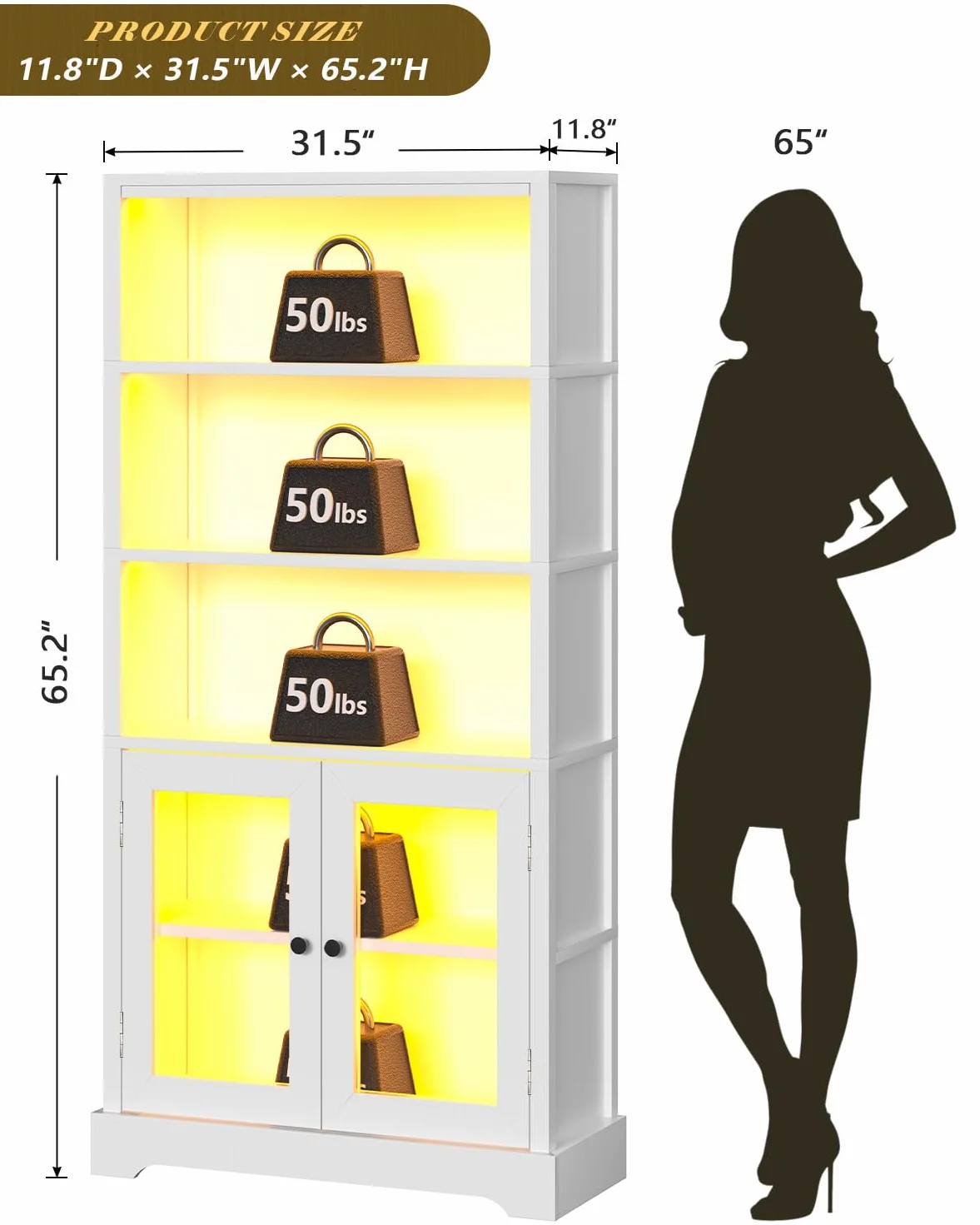 TVU 5-Tier Bookshelf, 65" Bookshelf with Multi-Color Ambient Lights (APP Remote Control), Tall Vertical Display Shelf with Cabinet Doors, Suitable for Living Room, Bedroom, Study, Office, White