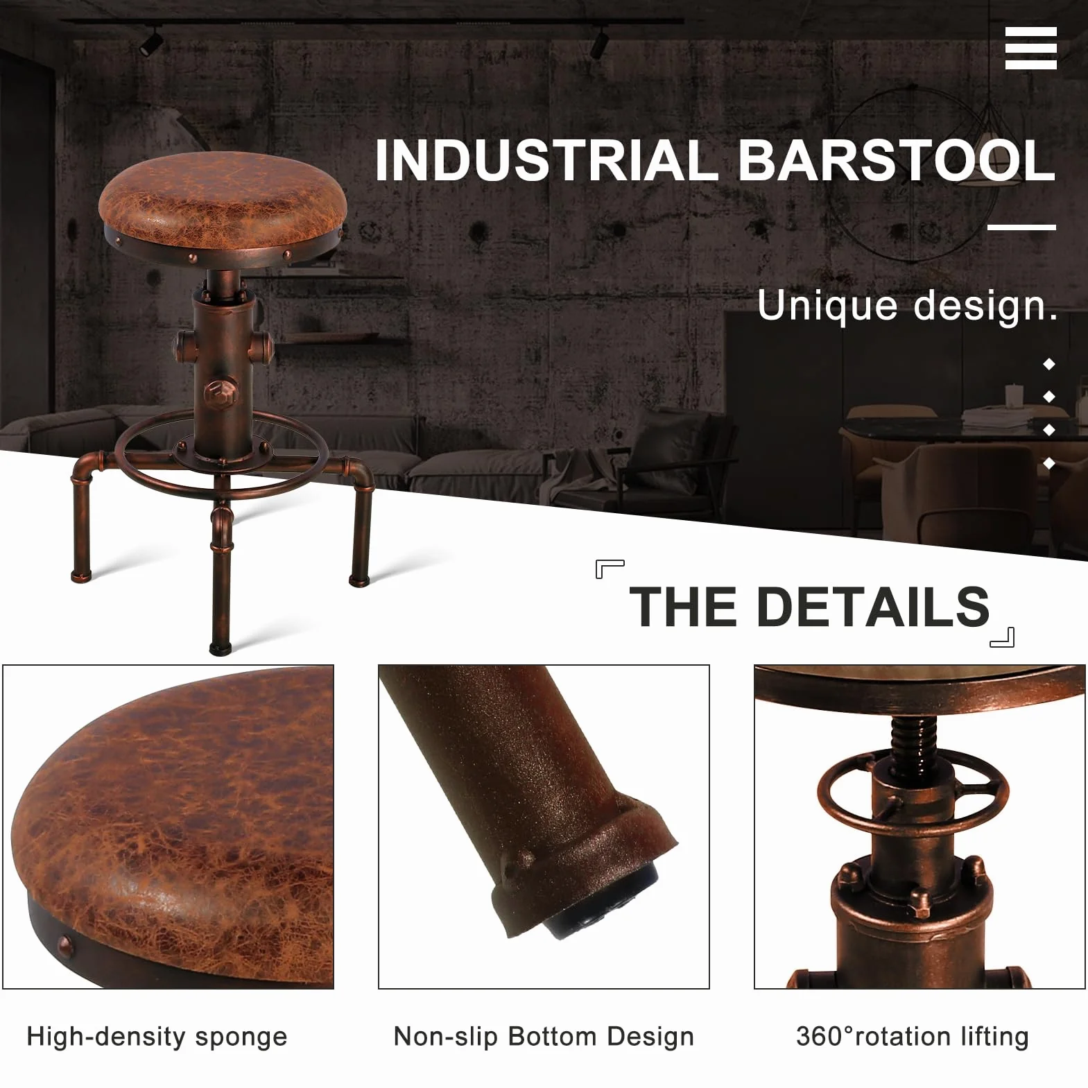 Topower Antique Vintage Industrial Barstool PU Leather Water Pipe Fire Hydrant Design Cafe Coffee Industrial Bar Stool Set of 2 Red Bronze