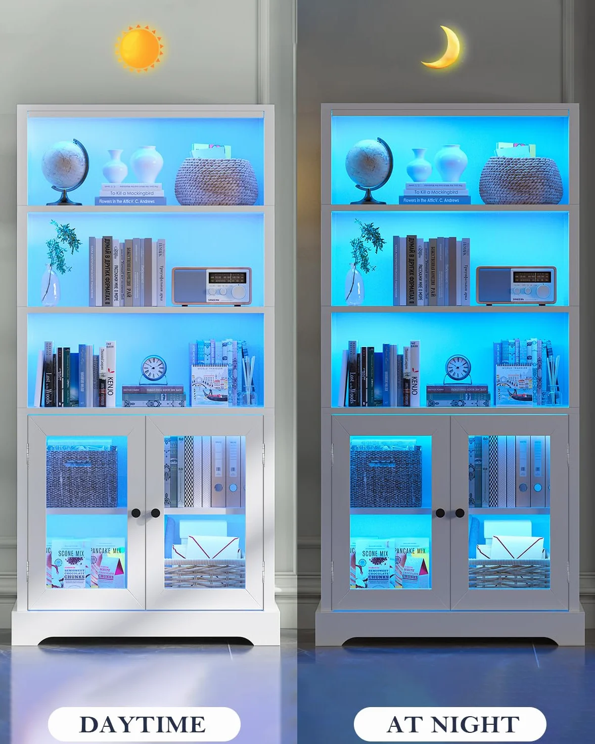 TVU 5-Tier Bookshelf, 65" Bookshelf with Multi-Color Ambient Lights (APP Remote Control), Tall Vertical Display Shelf with Cabinet Doors, Suitable for Living Room, Bedroom, Study, Office, White