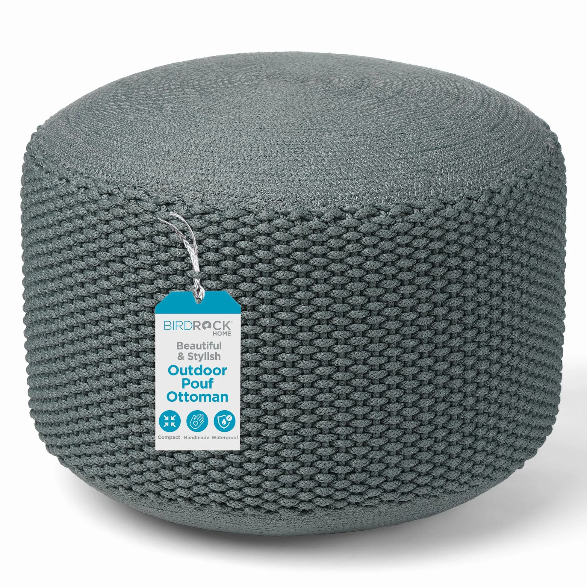BIRDROCK HOME Outdoor Pouf Ottoman - Mist - Woven Indoor or Backyard Patio Use - Floor Footstool for Living Room- Knit Bean Bag - Oversized Padded Chair - Moroccan Foot Rest