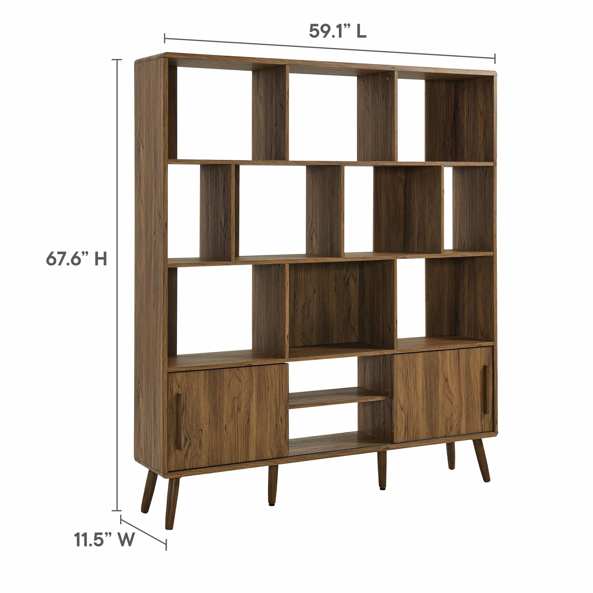Modway Transmit 14 Shelf Bookcase with Sliding Doors in Walnut - 59 Inch Wood Mid-Century Modern Bookshelf - 4 Tier Wide Open Display Storage Cabinet for Living Room, Office, Hallway