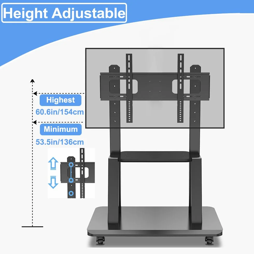Hellsehen Mobile TV Stand,Rolling TVs Cart on Wheels Height Adjustable Heavy-Duty Floor Stand Base for 32-75 Inch LCD LED OLED Flat Panel Screens Smartboard Movable Holds up to 220lbs with Shelf