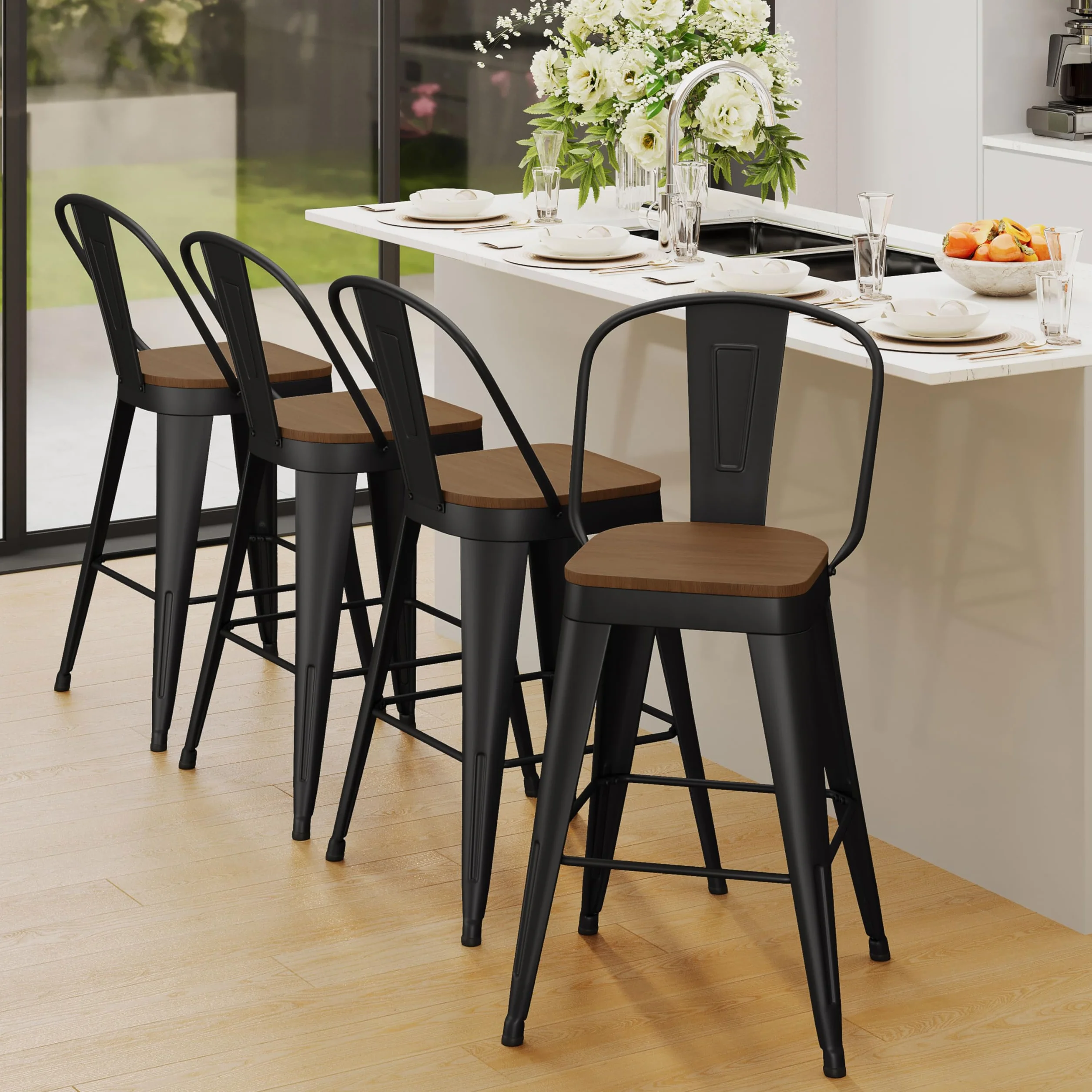 Metal Bar Stools Set of 4, 24" Counter Height with Backs, Black | Matte black metal frame barstools, Modern farmhouse high-back bar chairs, Larger seat for kitchen and dining islands
