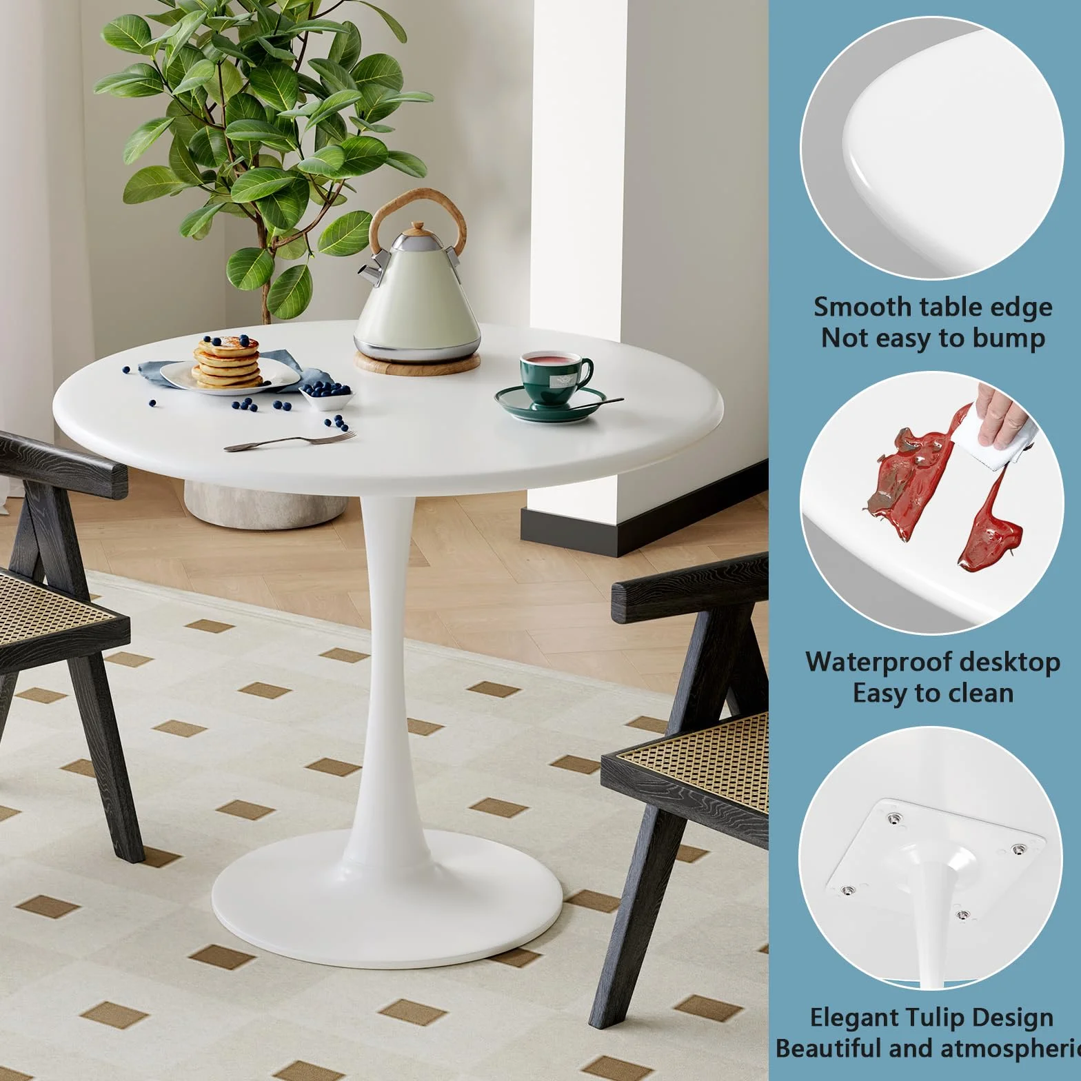 White Round Dining Table for 2 Person, 24 Inch Small Tulip Table with Pedestal for Living Room, Mid Century Modern Kitchen Tables for Office, Bistro, Pub, Bar, Wood Circle Cafe Tables,mesas de comedor