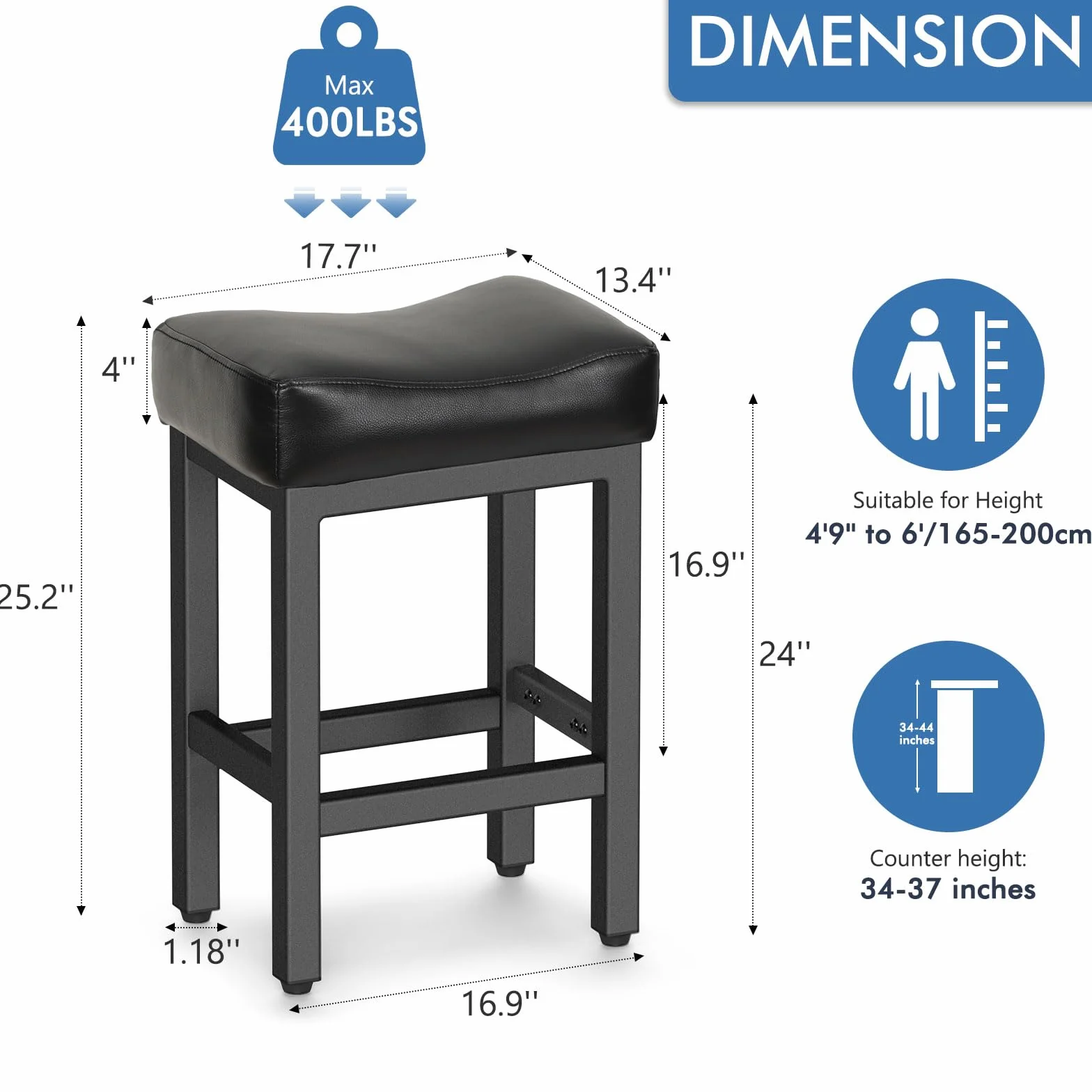 Raynesys 24 Inche Bonded Leather Counter Height Bar Stools Set of 2 Square | Barstools with Thick Bonded Leather Saddle Seats & Heavy Duty Metal Base for Kitchen Counter, Easy Assembly, All Black