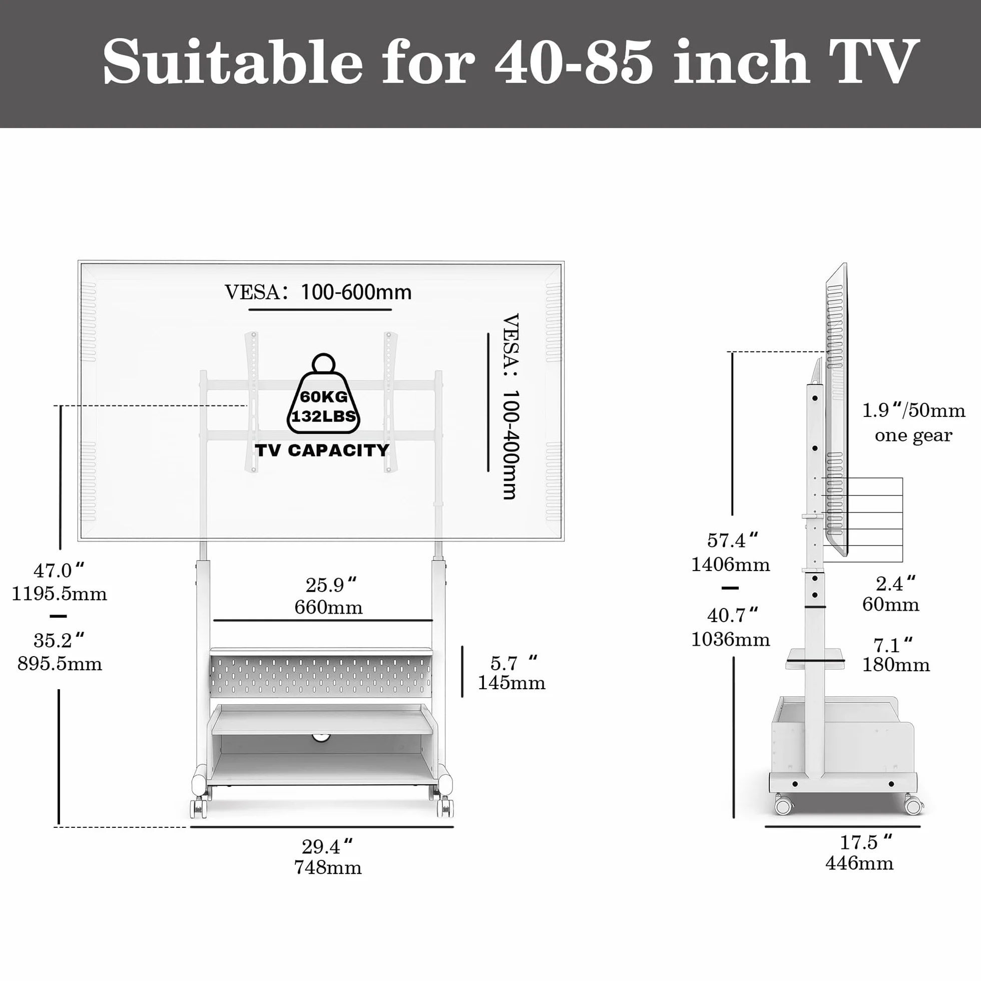 FITUEYES Rolling TV Floor Stand for 40-85in TVs, Heavy Duty Mobile TV Stand on Wheels Lockable, TV Cart with Wooden Large Storage Shelf & Pegboard Hold up to 132 lbs for Bedroom, Living Room, Office