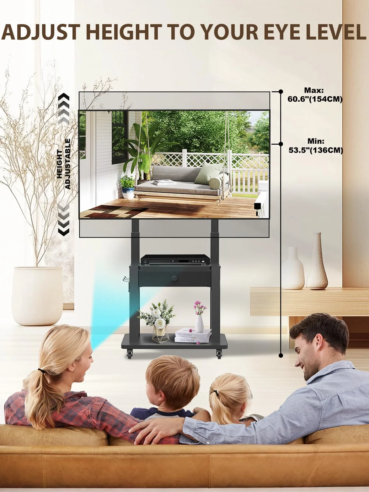 Rolling TV Stand with Fabric Drawer for 32-75 Inch Flat/Curved Screen Adjustable Height LCD/LED/OLED with Storage Mobile TV Cart on Wheels up to 220lbs for Home Office Outdoor Max VESA 600x400mm Black
