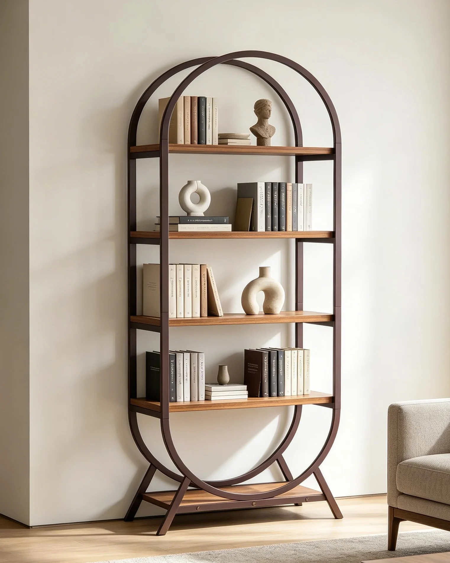 Bookshelf Arched Bookcase, 5 Tier Open Freestanding Display Shelf for Home Office, Living Room, Walnut