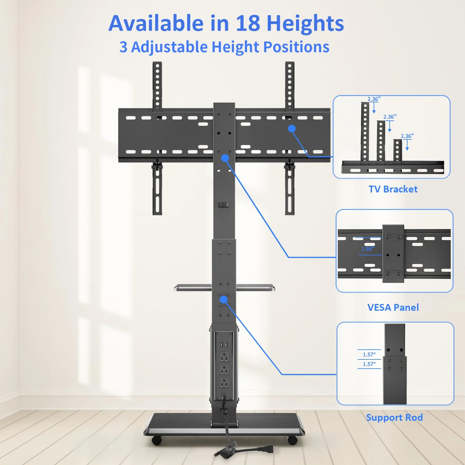 Afaloona Rolling TV Stand with Power Outlet for 32-75" TV, Max Load 110 lbs | Mobile TV cart with 18 height adjustments, ±30° swivel, media shelf and Max VESA 600×400mm for living room office and outdoor