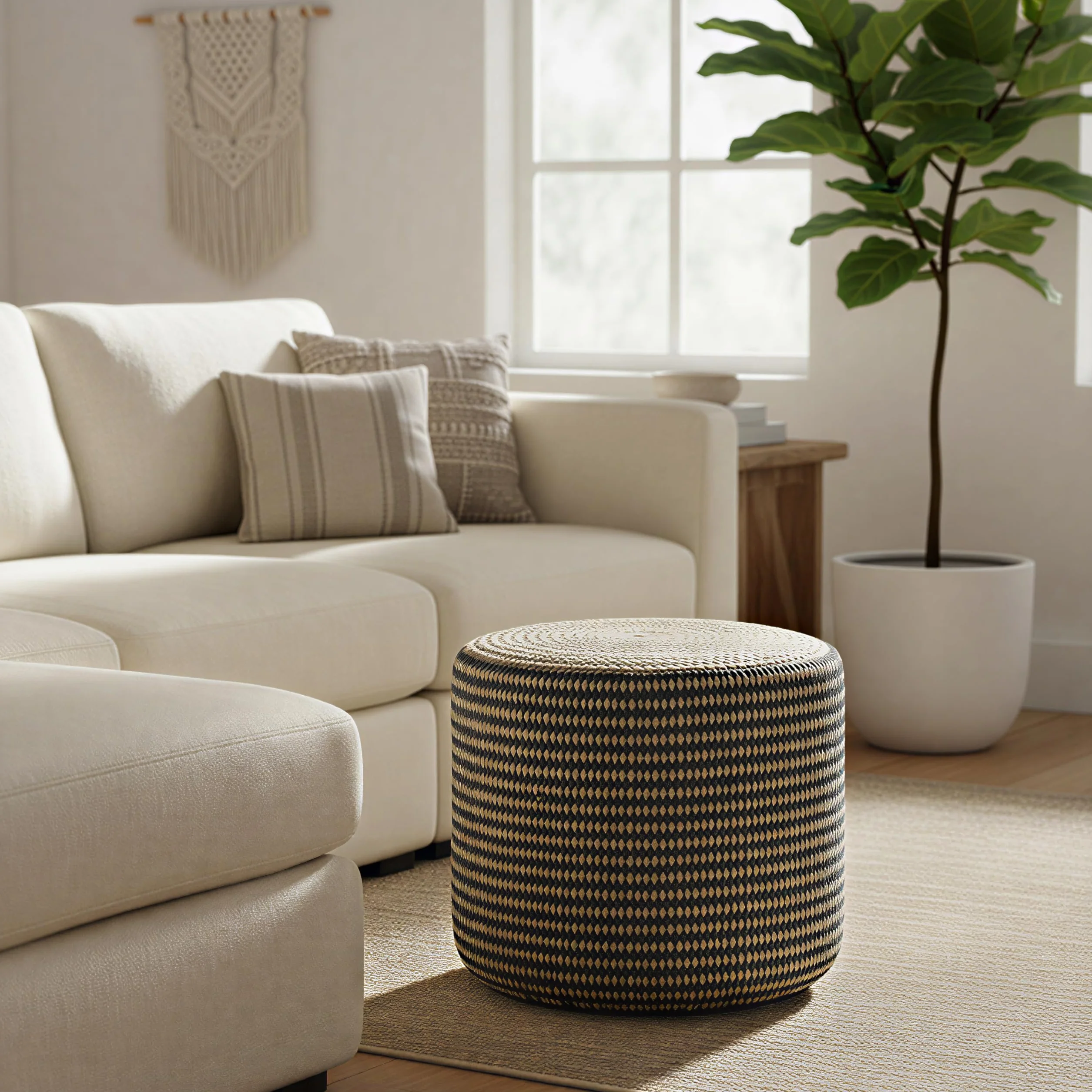 SIMPLIHOME Larissa Round Pouf - 18 inch Wide Hand Braided Jute Ottoman in Sandy Natural/Ebony, Boho Footstool or Extra Seating for Living Room or Kids Room with Polystyrene Bead Filling, Assembled