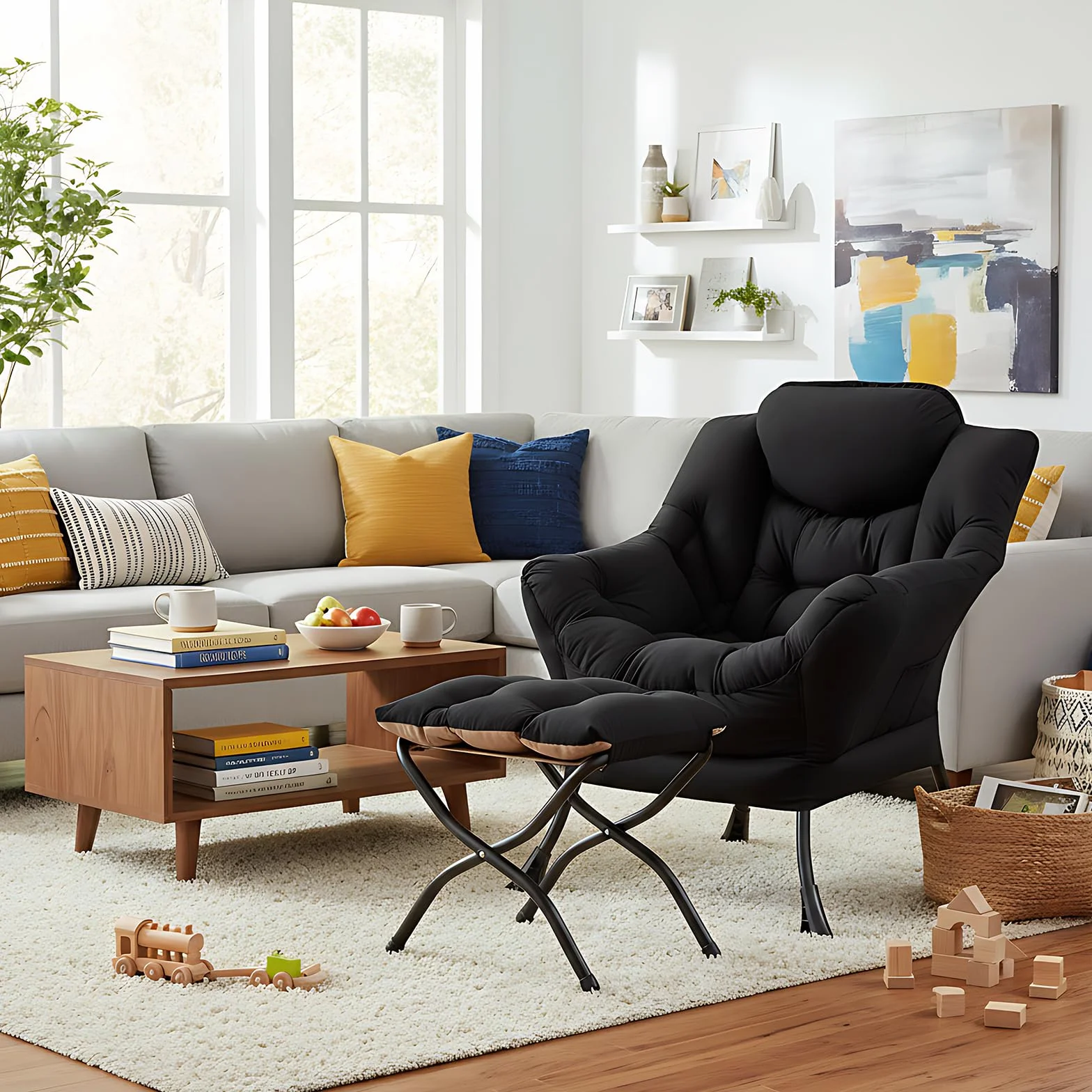 MBOOYOME Modern Lazy Chair with Ottoman, Comfy Accent Reading Chair, Black | Removable & Machine-washable Cover,with Armrests & Side Pockets,Upholstered Lounge Chair for Bedroom,Dorm,Office,Small Space