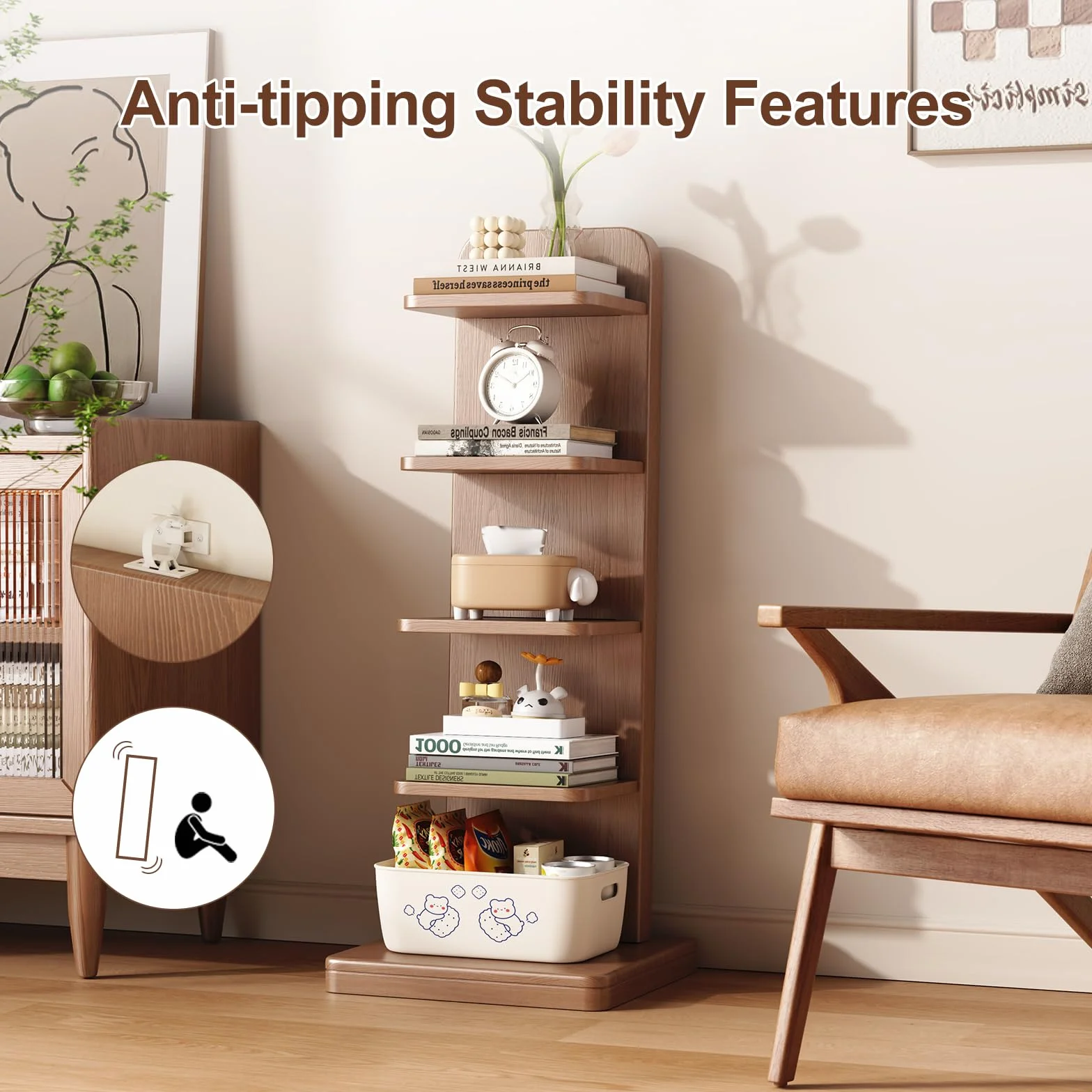 WoodsWhisper Solid Wood 5-Tier Narrow Bookshelf Small Spaces Open Storage | Solid Wood | Narrow Design | 5 Tier Storage | Anti-Tip | Easy Assembly