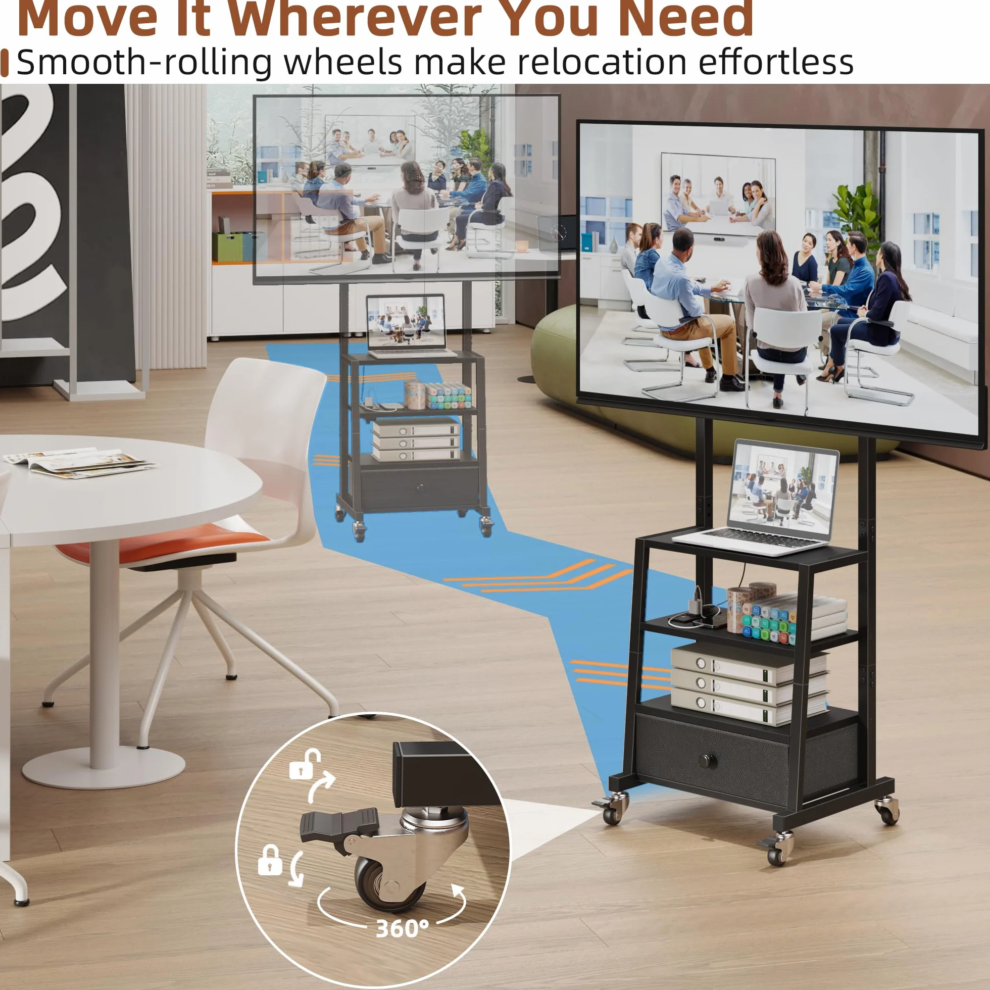 AFLUI Rolling TV Stand with Wheels and Mount & Fabric Drawer - Entertainment Center with Power Outlet and Small TV Stand for Bedroom, Living Room - 15" Black