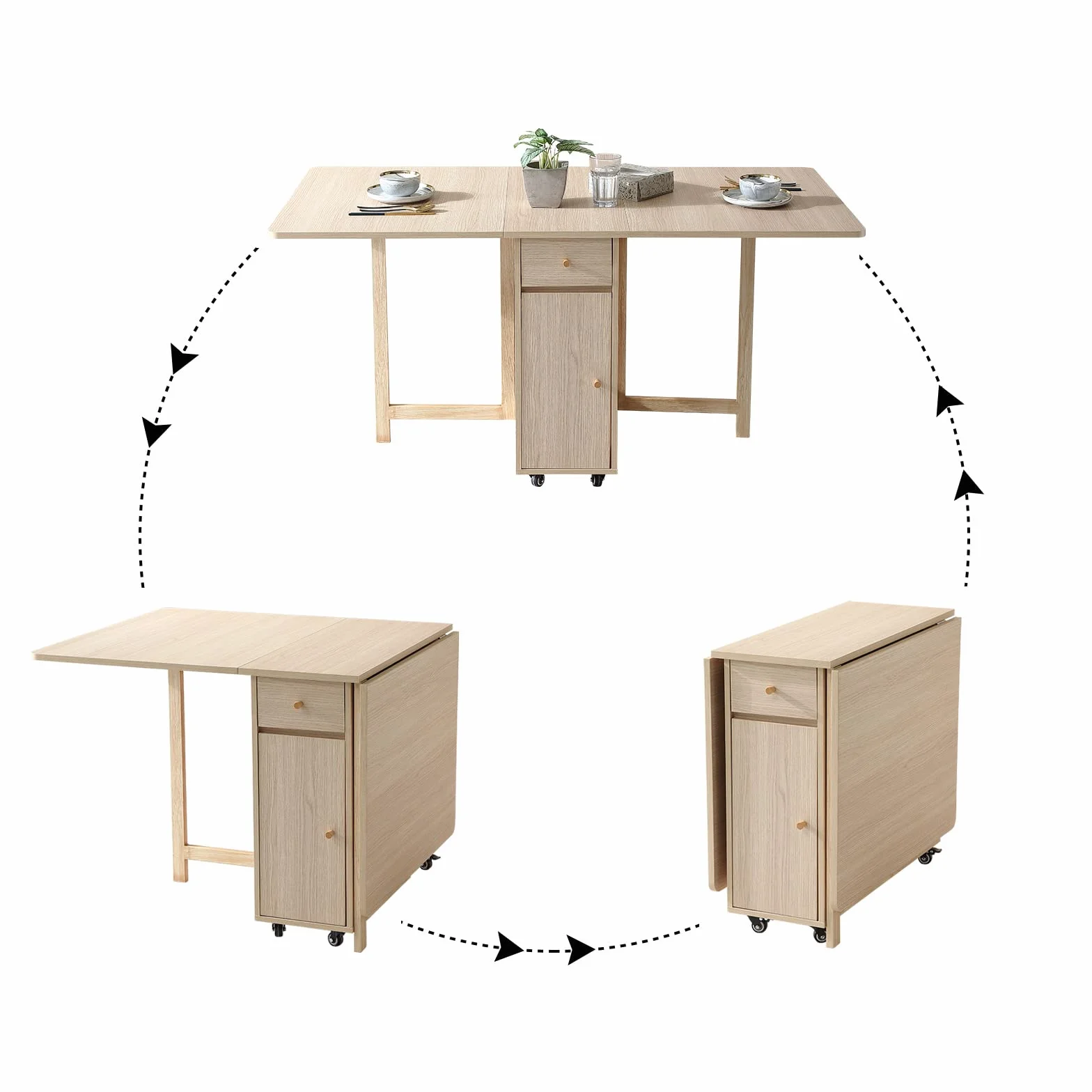 Wood Drop Leaf Folding Dining Table with 2 Drawers and 4 Wheels, Wooden Padded Chairs Set of 4, Space Saving Dining Table with 4 Chairs