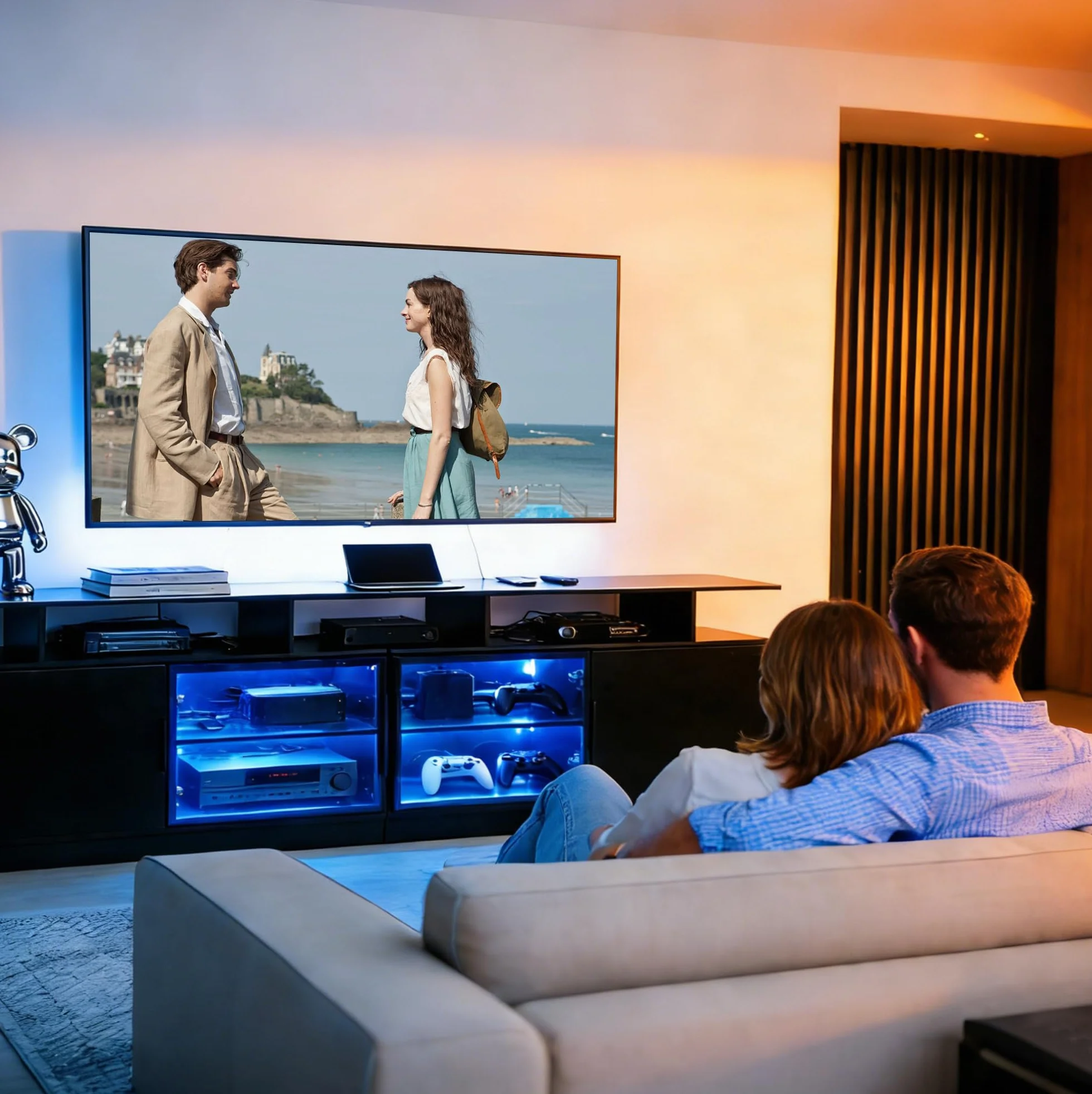 70-Inch Black TV Cabinet,Equipped with A USB Charging Strip,6 Large Storage Spaces,2 Glass Doors with Built-in Ambient Lighting,Serving as A Media and Entertainment Cabinet