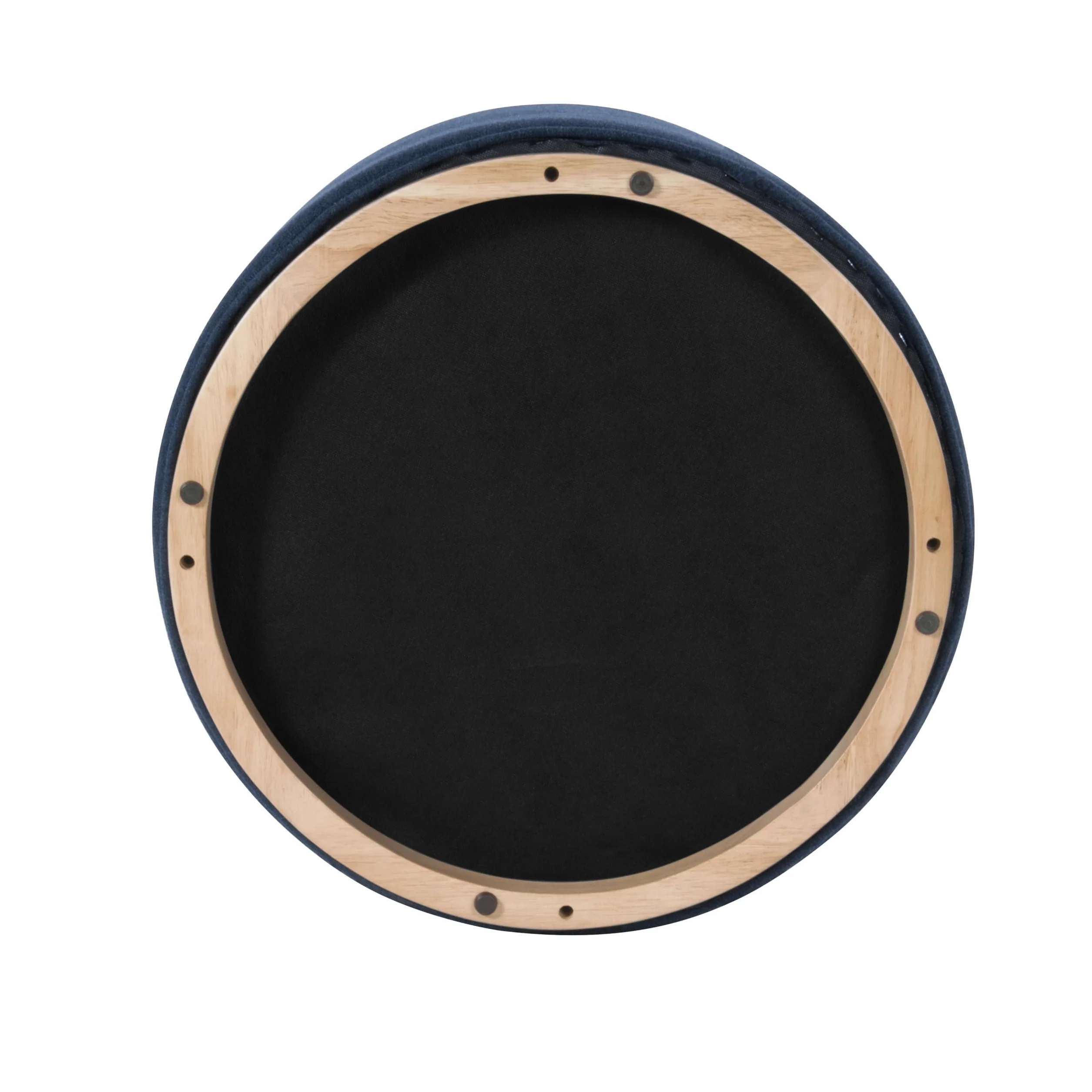 Spatial Order 22" Round Ottoman with Wooden Base - Blue Woven Fabric