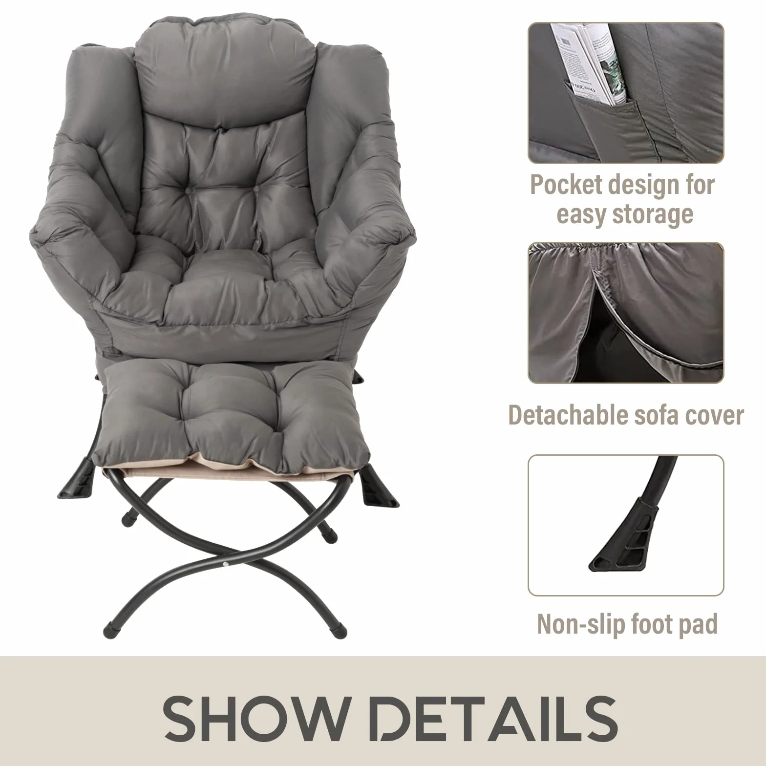 Lazy Chair with Ottoman, Comfy Accent Reading Chair, Dark Grey | Foldable Footrest,Removable Cover,with Armrests and Side Pockets,Upholstered Lounge Chair for Bedroom,Dorm,Office,Small Space