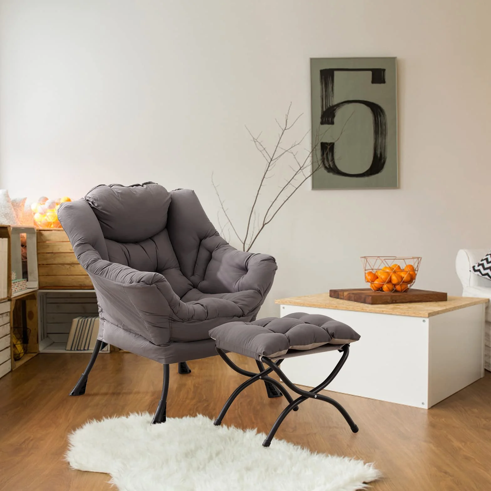 Lazy Chair with Ottoman, Comfy Accent Reading Chair, Dark Grey | Foldable Footrest,Removable Cover,with Armrests and Side Pockets,Upholstered Lounge Chair for Bedroom,Dorm,Office,Small Space