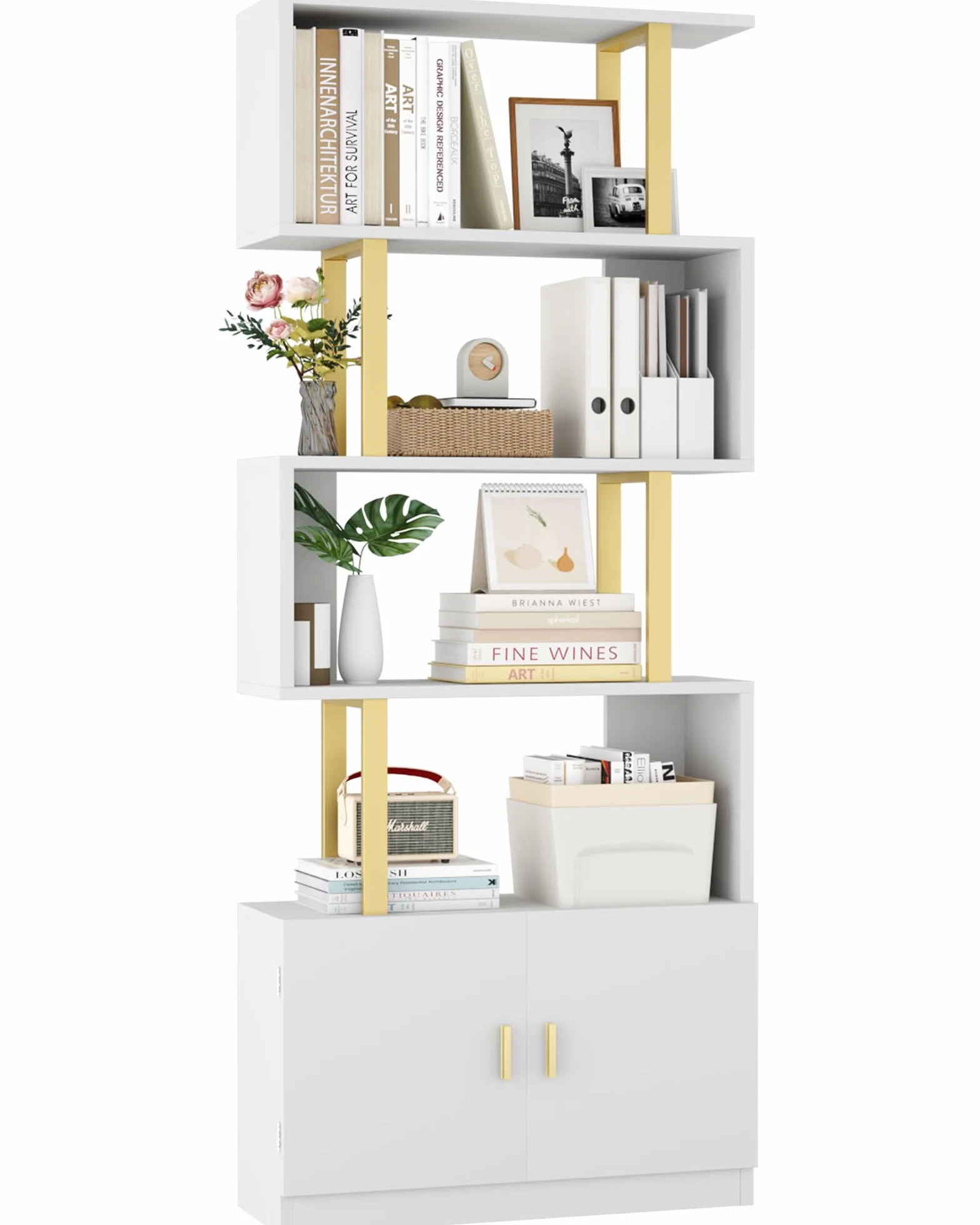 Yusong Geometric Bookcase with Cabinet, S Shaped Bookshelf 5-Tier Book Shelves for Bedroom, Modern Wood Decorative Display Shelf Tall Book Case for Home Office, Gold and White