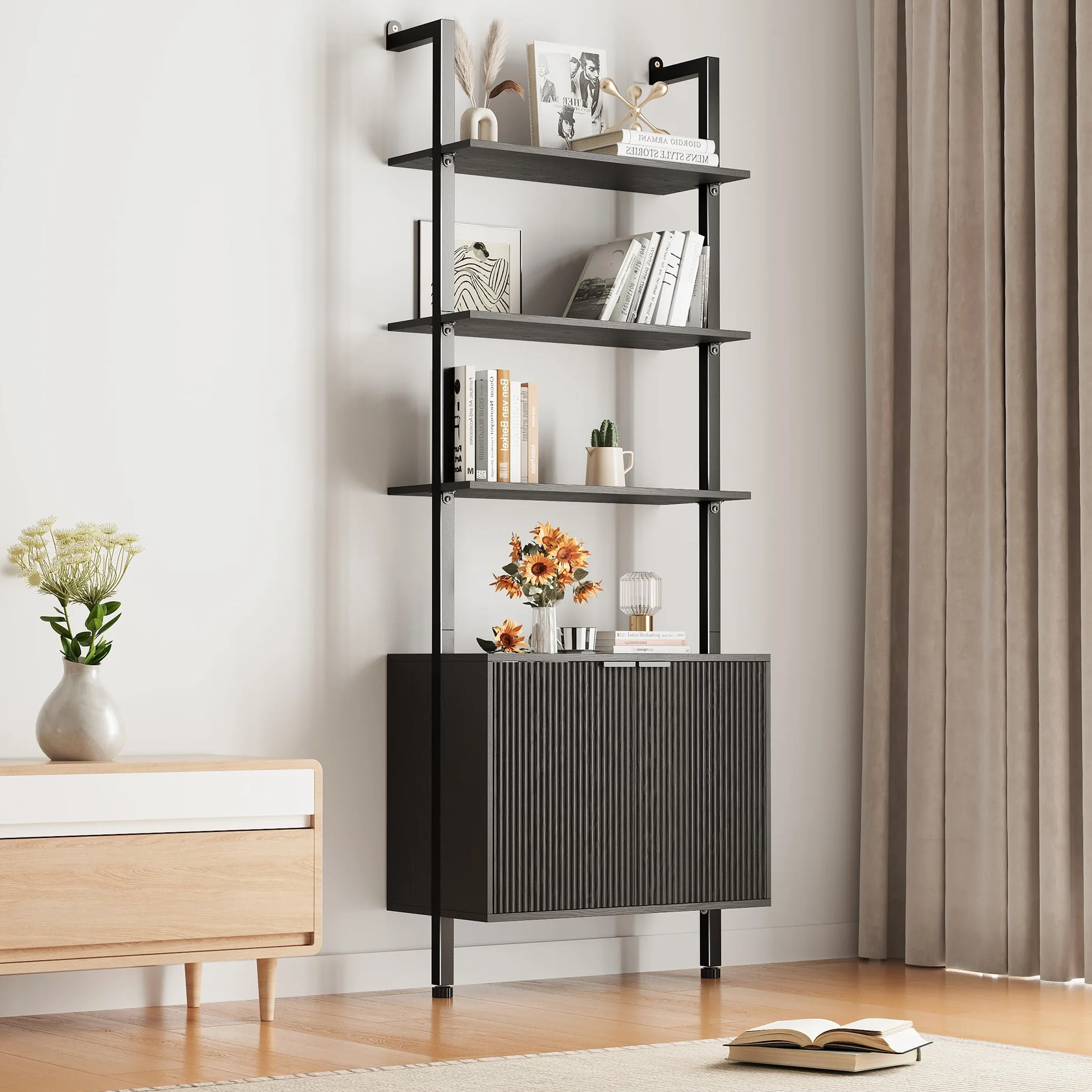 74" Tall Bookshelf with Storage Cabinet, Modern Ladder Shelf with Wood and Metal Frame, Wall Mount Bookcase Open Display Shelf Furniture for Living Room, Bedroom, Home Office，Black