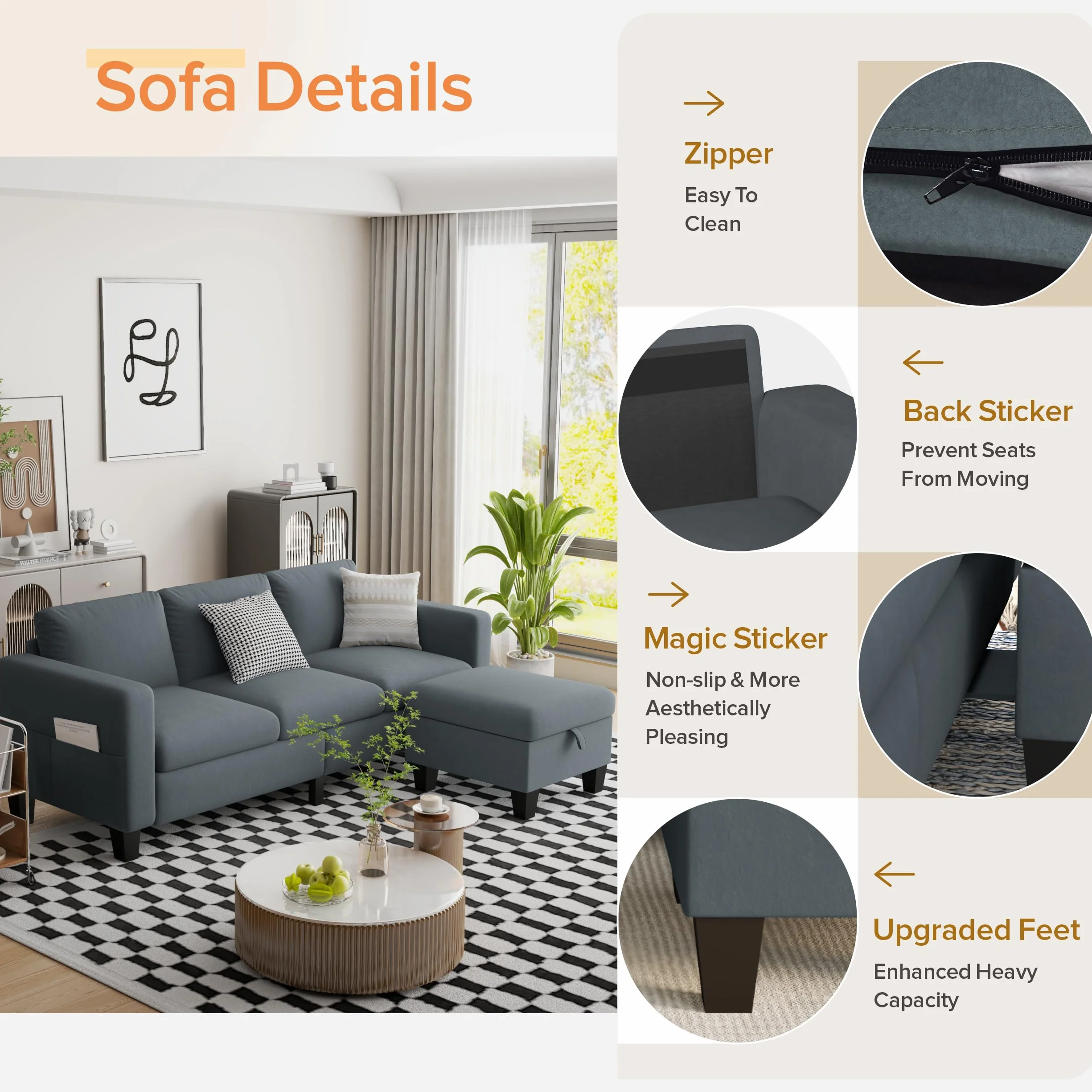 ZeeFu Convertible Sectional Sofa Couch,Classic 3 Seat L-Shaped Sofa with Movable Ottoman, Modern Dark Grey Velvet Fabric Upholstered Small Sectional Sofa Couch for Small Apartment Living Room Office