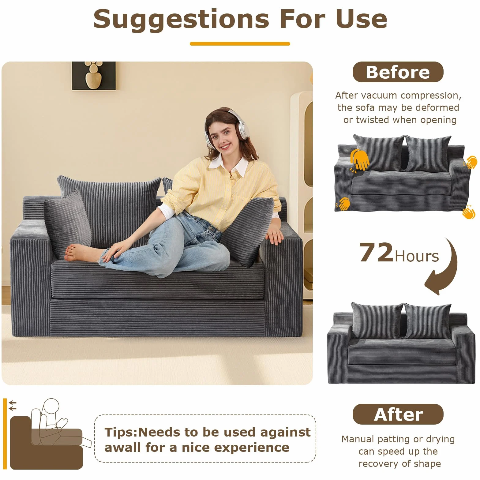 cidludto Convertible Sofa Bed, 3 in 1 Loveseat Folding Couch Bed Foldable - Boneless Couch & Floor Futon, Corduroy Pull Out Sofa Bed with 4 Pillows for Living Room, Grey