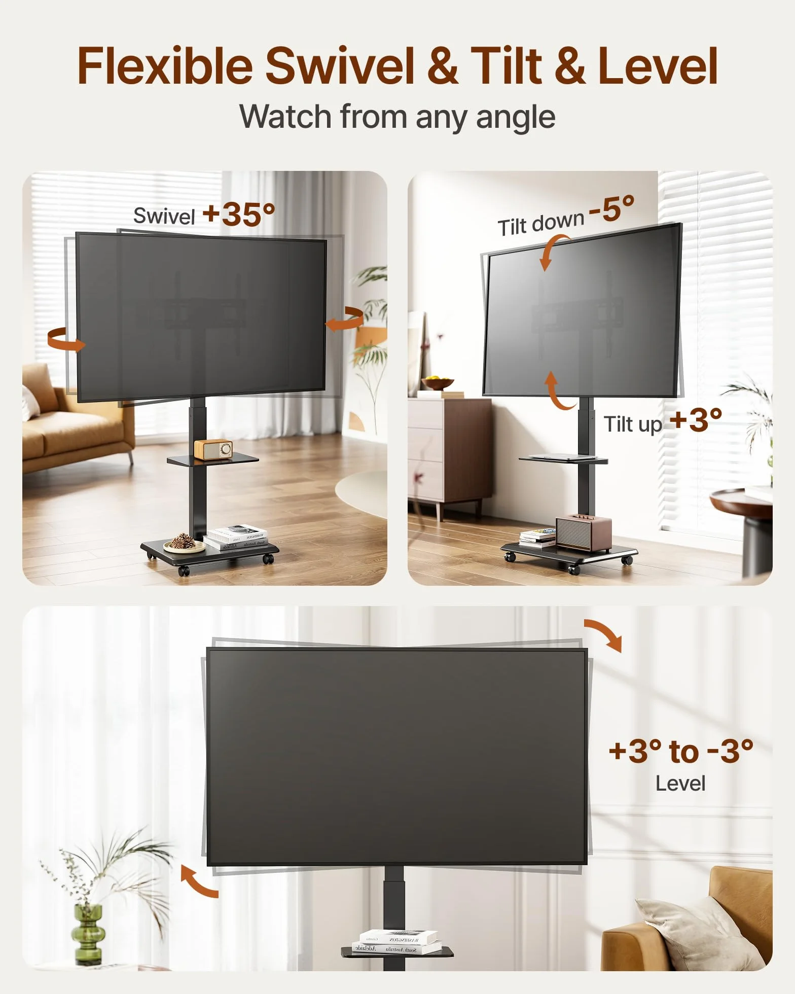Steel Base Rolling TV Stand for 32-75 inch TVs up to 110 lbs, Black | Leveling&Tilt&Swivel Mobile TV Stand, Hidden Wire Management, Height Adjustable Portable TV Stand, Large Storage,Steel Shelf