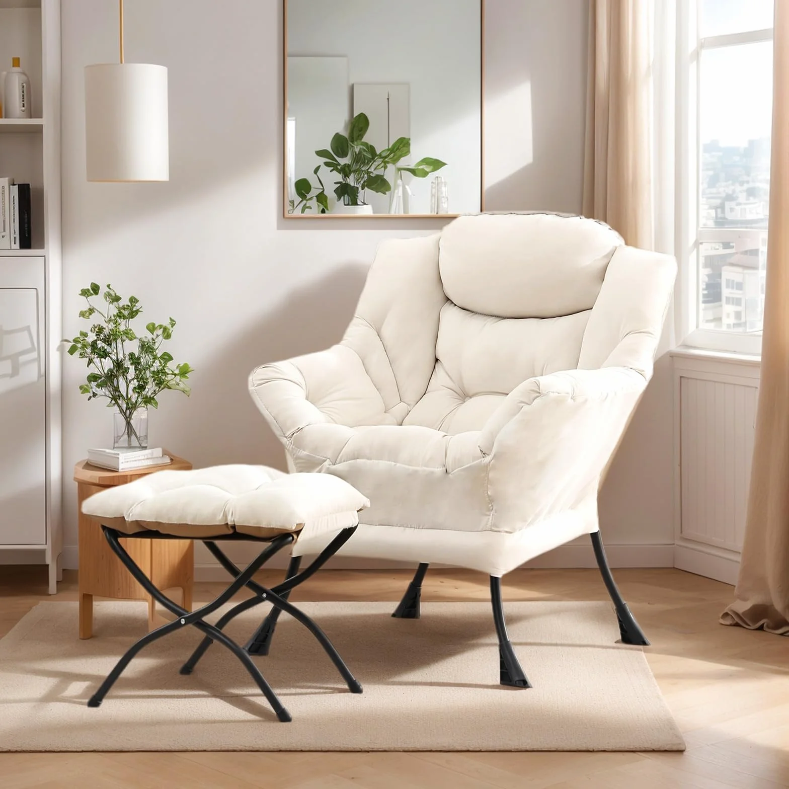 Lazy Chair with Ottoman, Soft Comfy Chair for Bedroom, Beige | Reading Accent Lounge Chair with folding Foot Stool for Living Room Dorm Apartment, sturdy metal frame