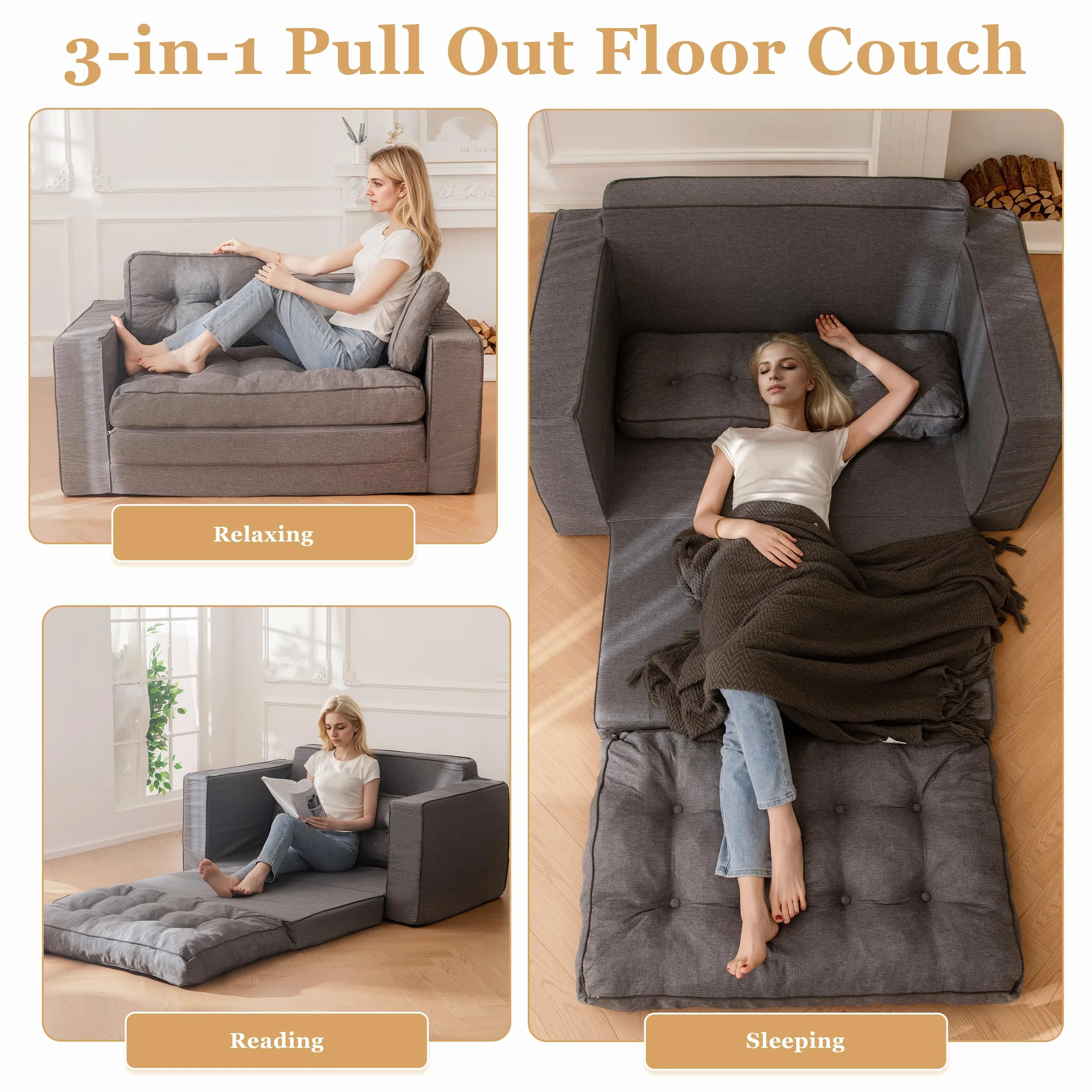 Loveseat Sleeper Sofa,55" Convertible Sofa Bed Couch Futon Couches for Living Room,3-in-1 Pull Out Floor Couch with Reclining Backrest and Pillows