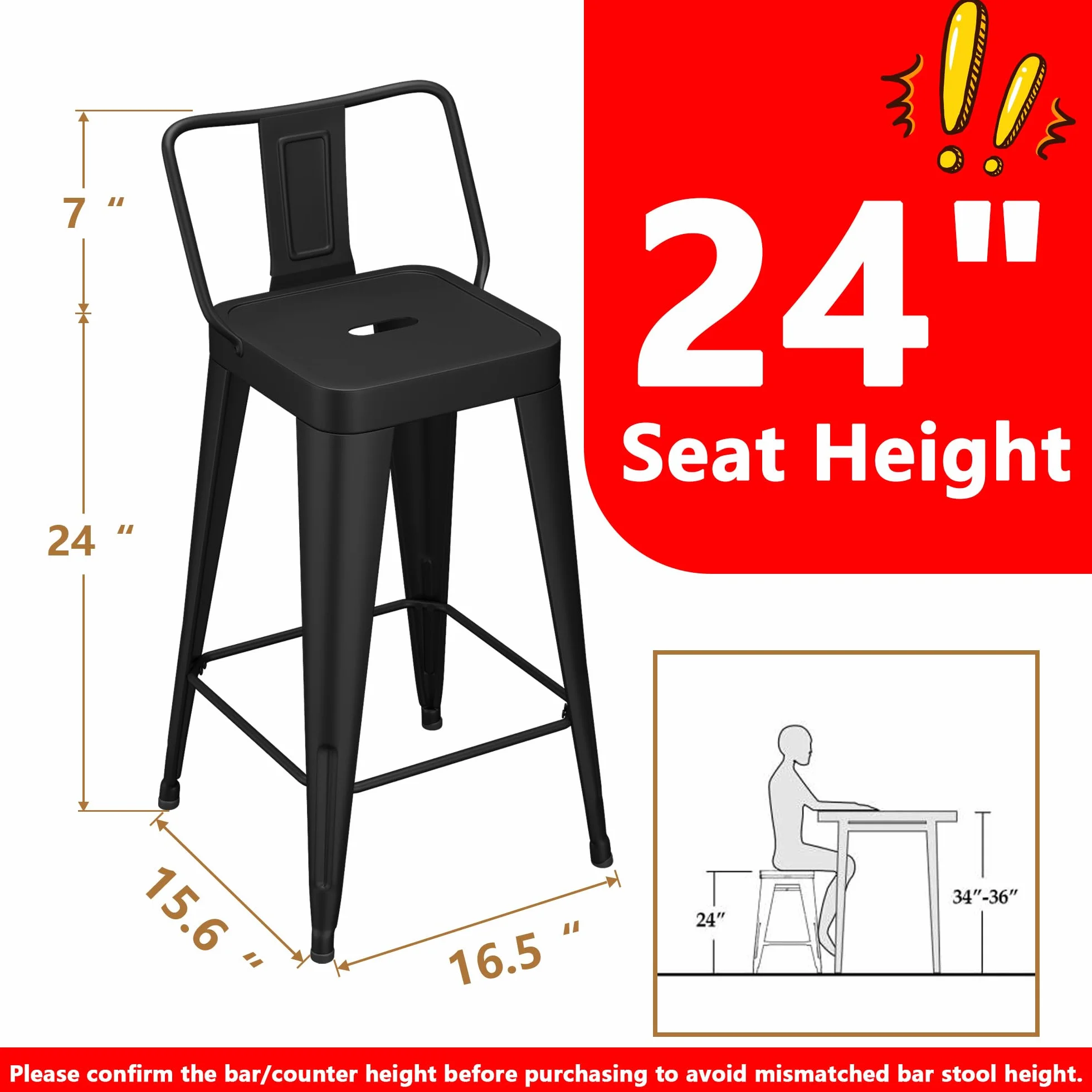 WENTMENT Metal Bar Stools Set of 4 Counter Height Black Barstools with Removable Back 24" Kitchen Bar Stools