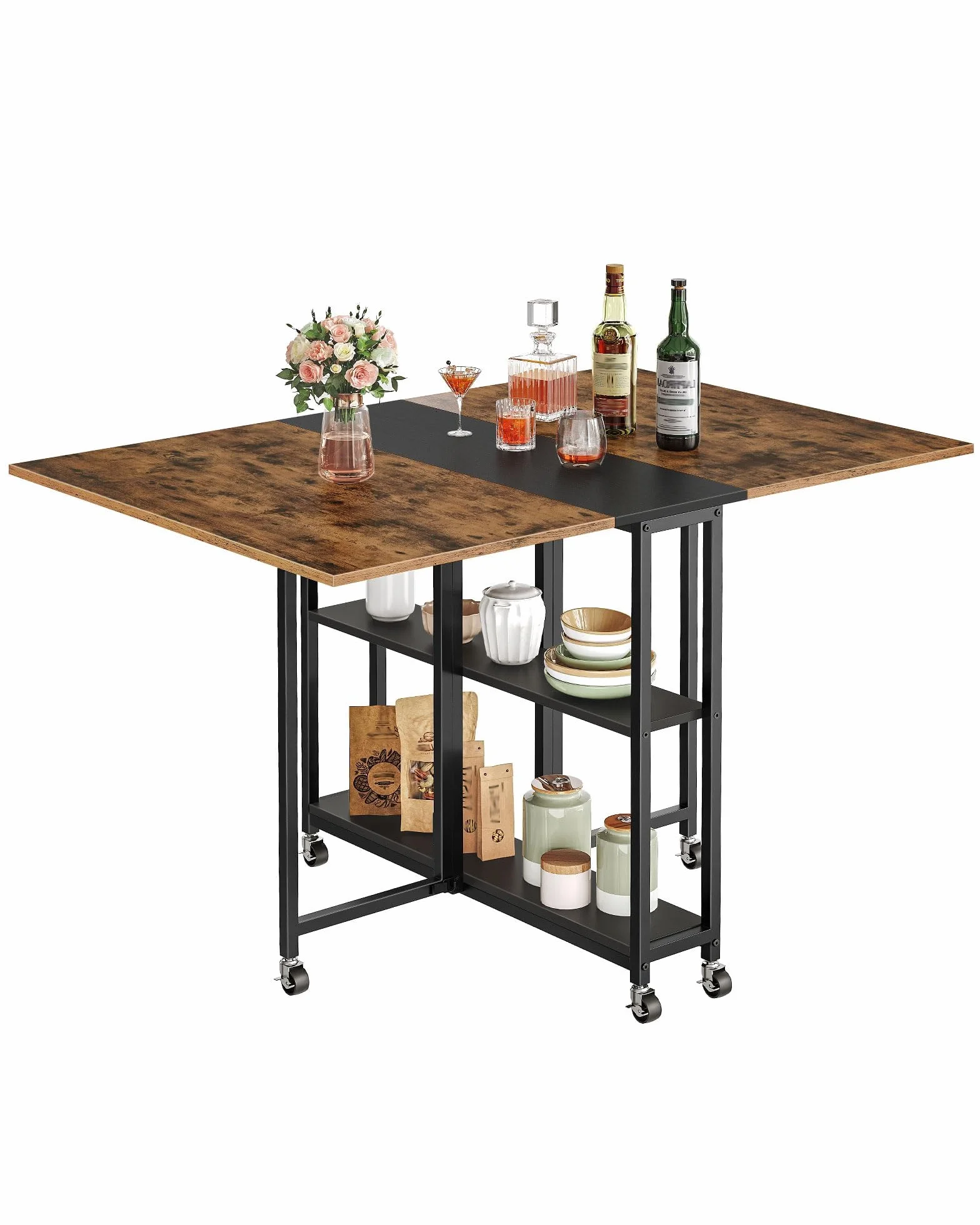 Folding Dining Table, Movable Dining Table, Expandable Kitchen Table, Versatile Table with 6 Wheels and 2-Tier Shelf, for Dining, Living Room, Apartment, Rustic Brown TCZ01BF