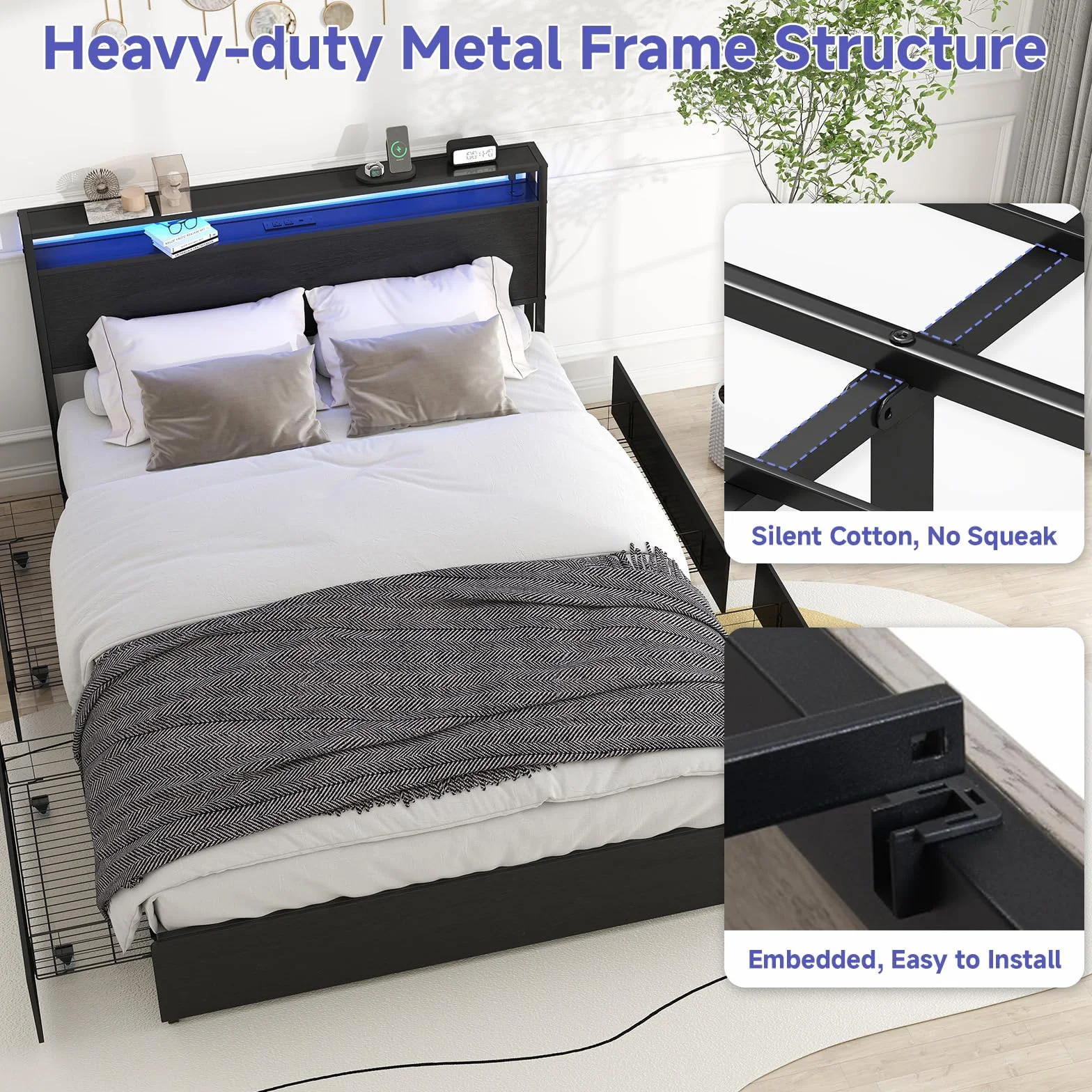 Zevemomo Queen Bed Frame with 4 Storage Drawers, No Noise, Black | Queen Size Bed Frame with Headboard, LED, Charging Station with USB Ports & AC Outlets, Sturdy Metal Slat Support