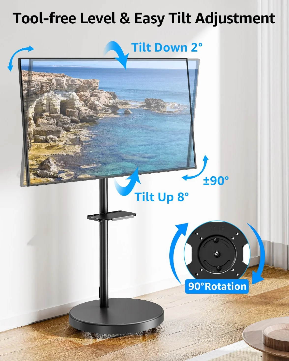MOUNTUP Rolling Mobile TV Cart for 32-65 Inch TVs, Rotatable Floor TV Stand Compatible with The Frame TVs - 90° Landscape to Portrait, Height Adjustable TV Cart on Wheels, Max VESA 400x400mm